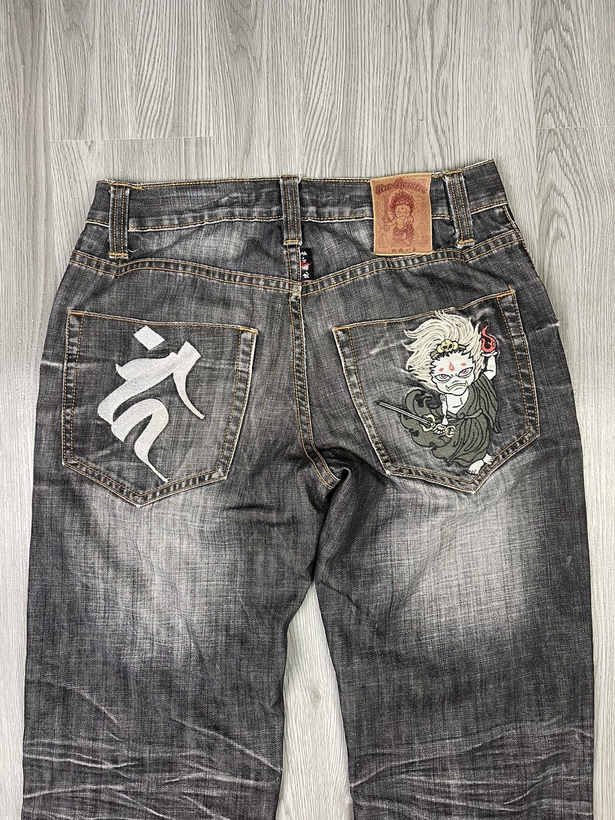 Japanese Brand Nippon Blue Japan Art Raijin Distressed Denim Size US 31 - 11 Thumbnail