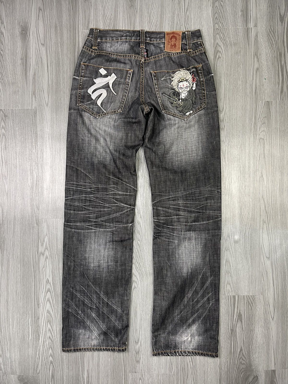 Japanese Brand Nippon Blue Japan Art Raijin Distressed Denim Size US 31 - 1 Thumbnail