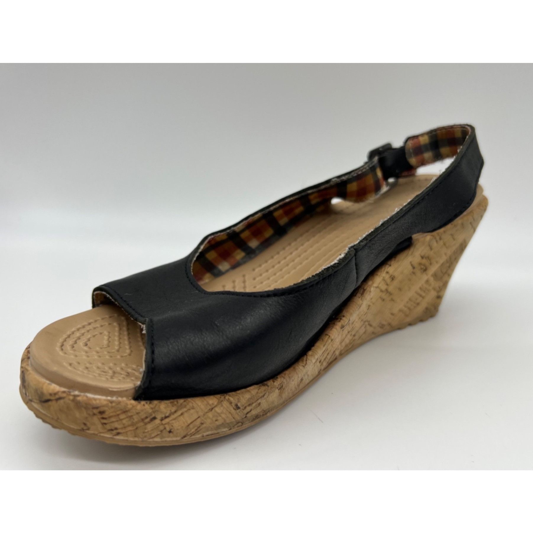 Crocs Crocs A-Leigh Black Leather Slingback Cork Wedge Sandals Siz ...