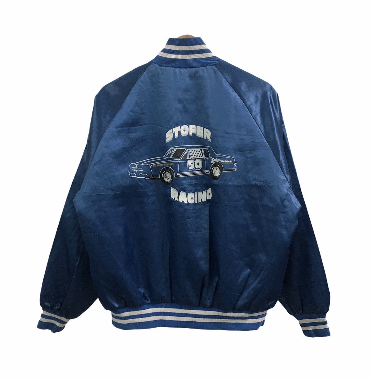 Vtg 80s Stofer Racing Gustoff Salvage Bomber Jacket Satin