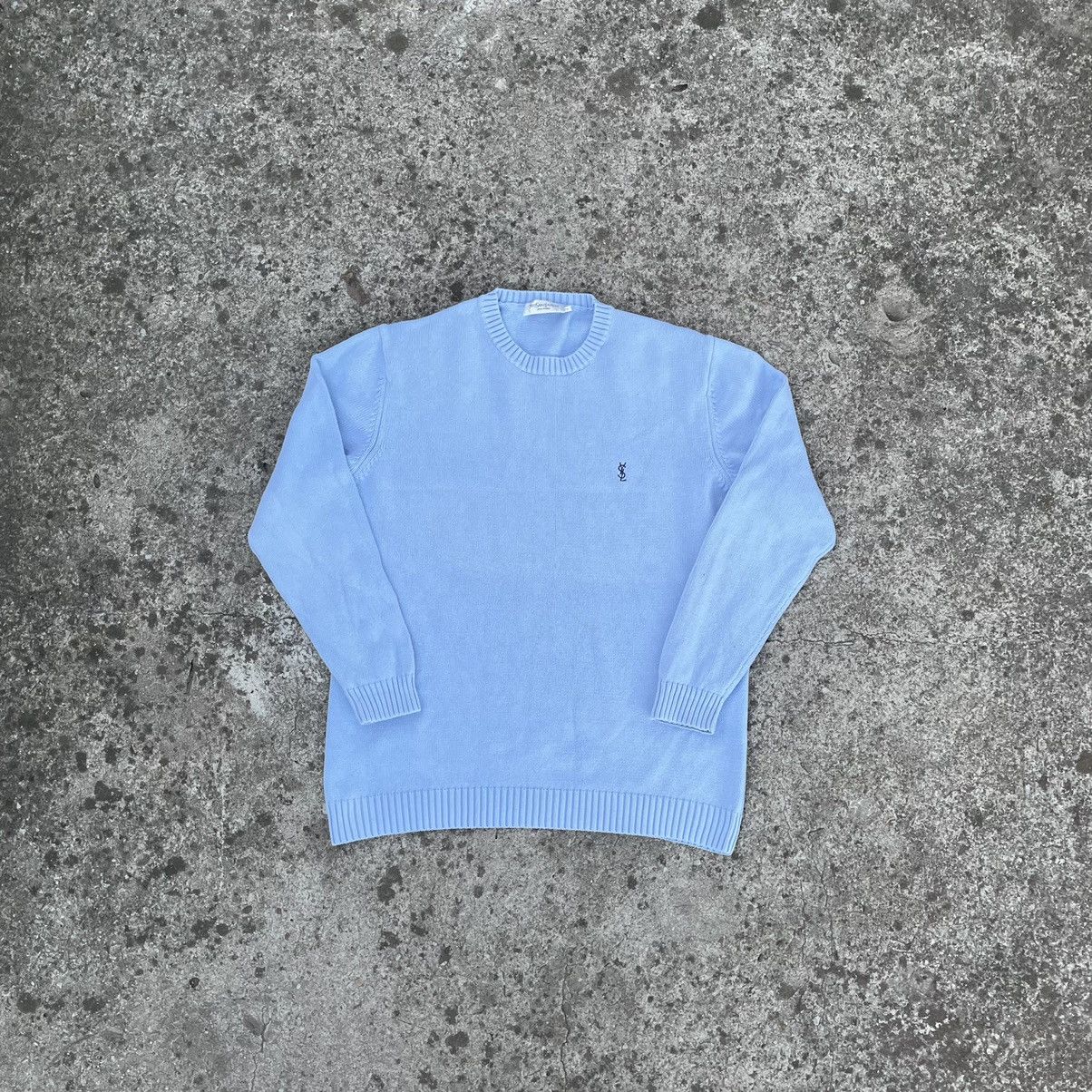 image of Vintage 90's YVES Saint Laurent Baby Blue Sweater YSL Logo, Men's (Size Small)