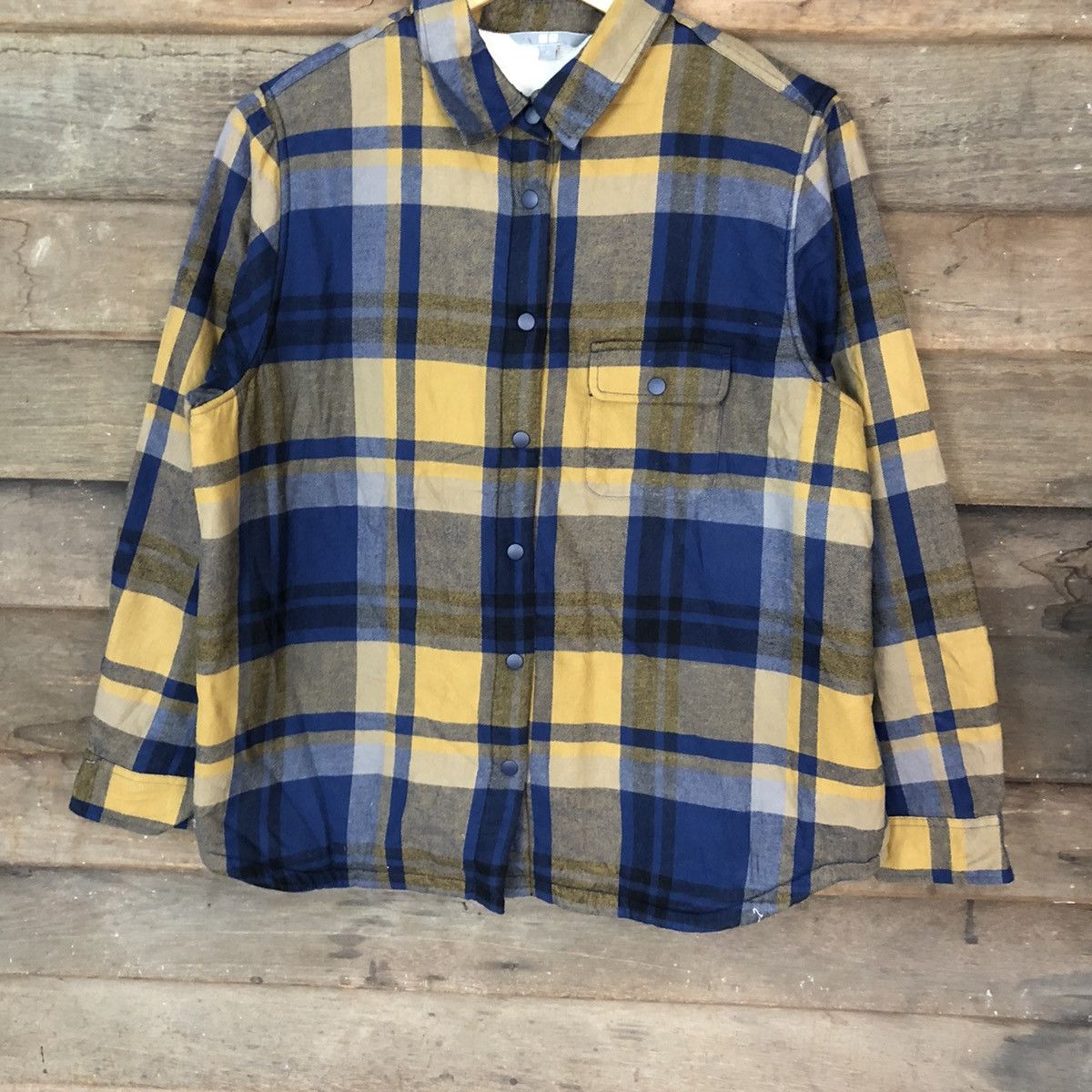 Japanese Brand × Uniqlo Uniqlo Yellow Blue Checkred Long winter shirt #4767 Size US L / EU 52-54 / 3 - 3 Thumbnail