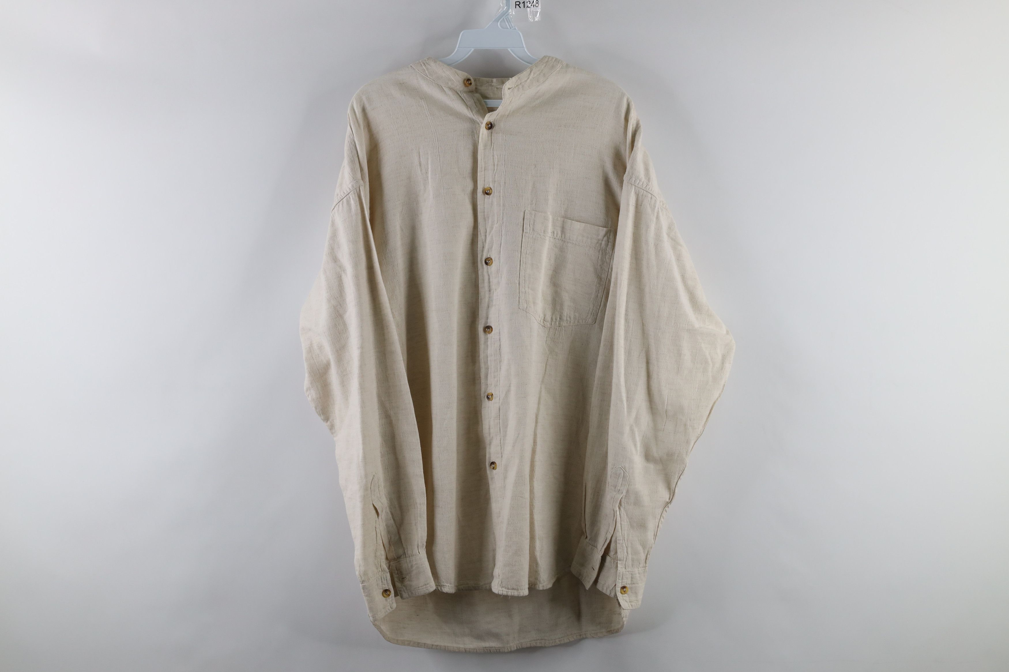 Vintage Vintage 90s Streetwear Banded Collar Button Shirt Beige Tan Size US XL / EU 56 / 4 - 1 Preview