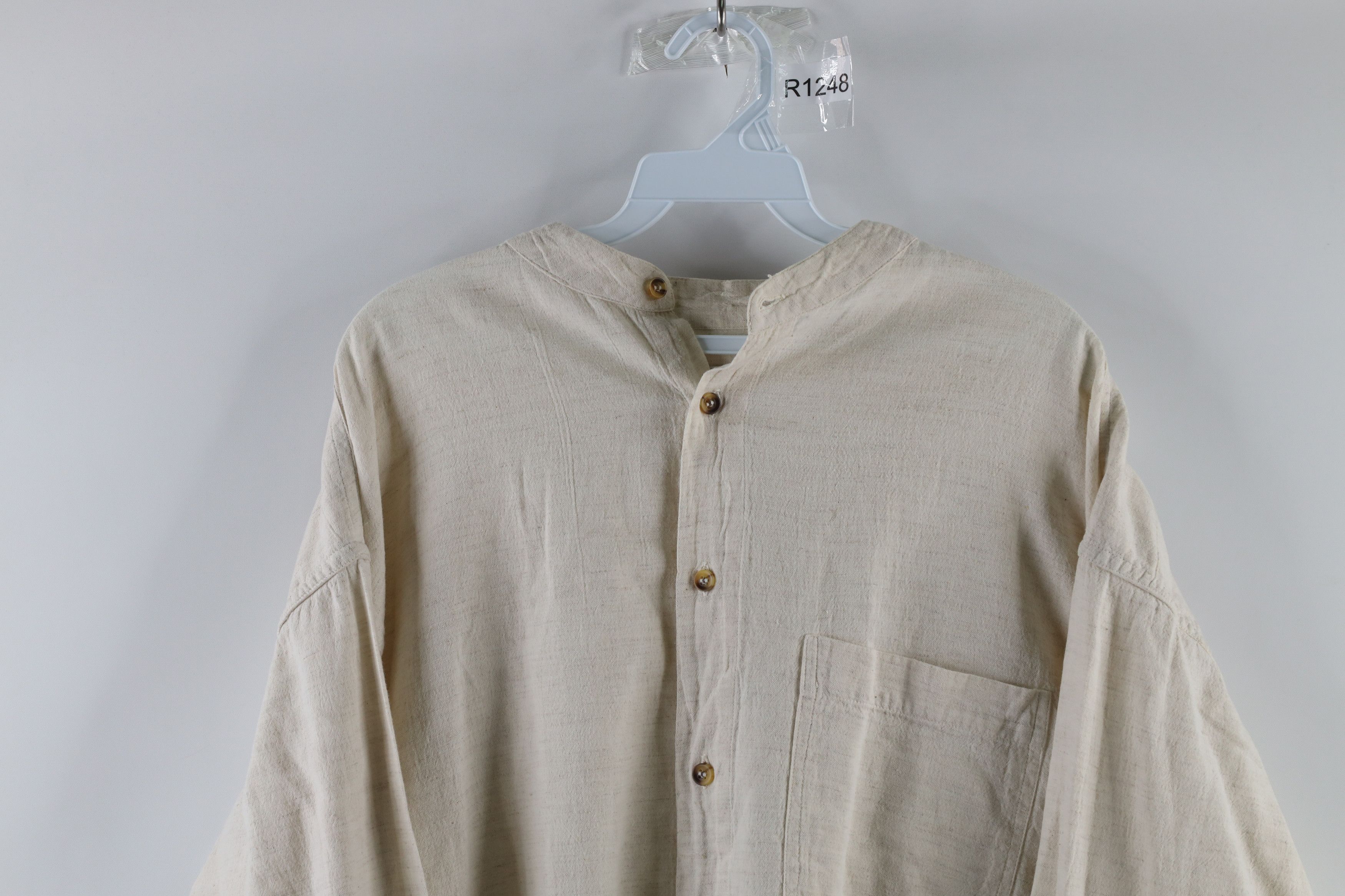 Vintage Vintage 90s Streetwear Banded Collar Button Shirt Beige Tan Size US XL / EU 56 / 4 - 2 Preview