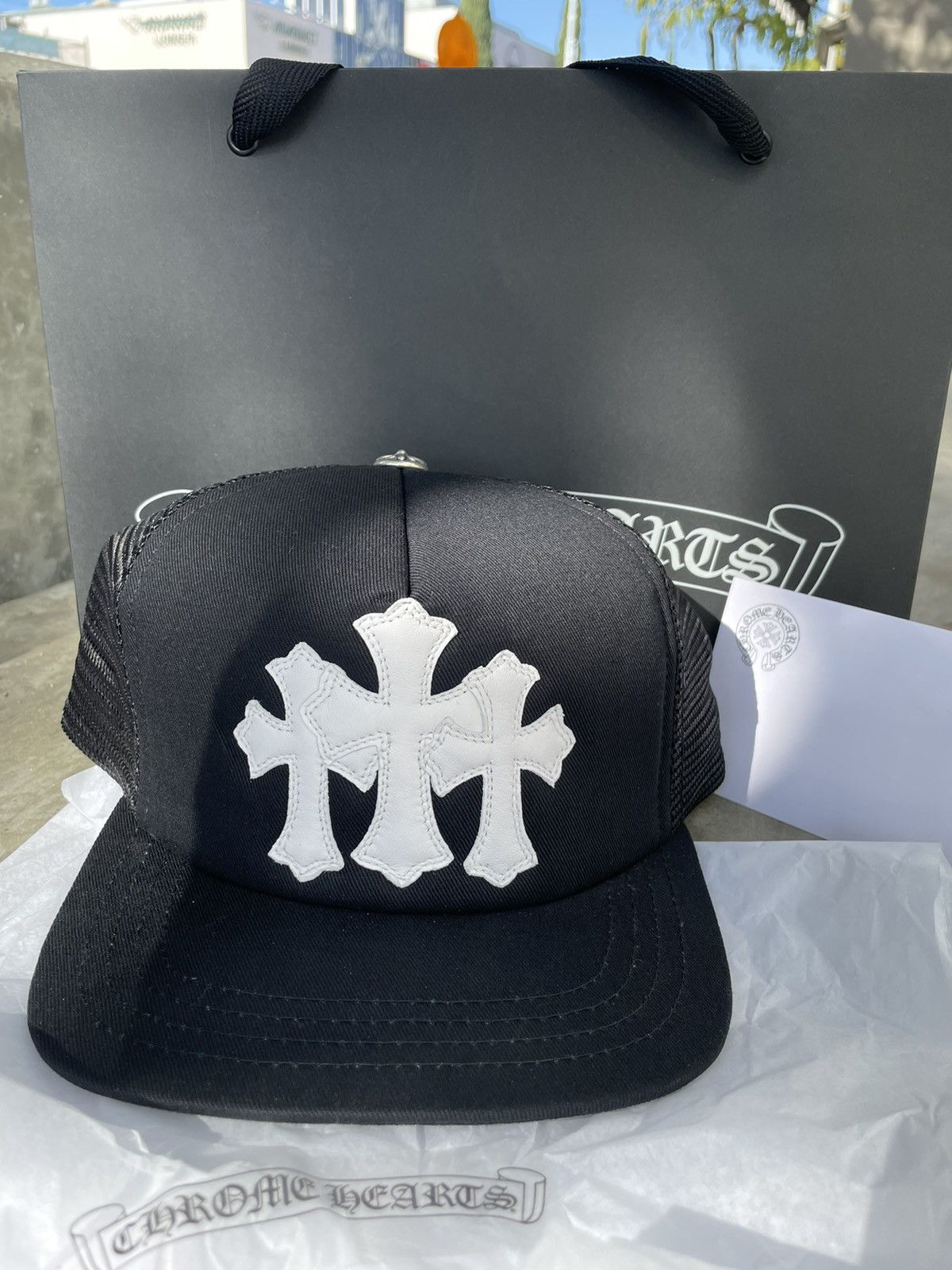 Chrome Hearts NEW black CEMETERY White Leather triple cross Trucker Hat