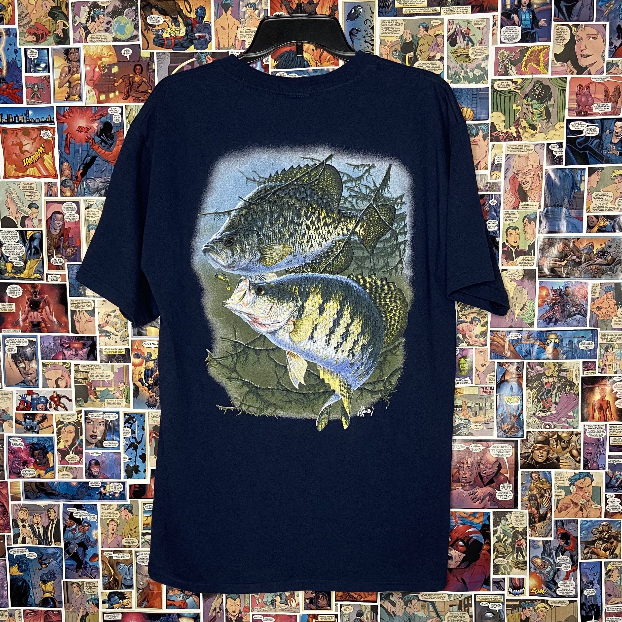 T-shirt Vintage Années 90 Gris - Motif 'I Fish Therefore I Am' - Taille XL - Marque Gildan