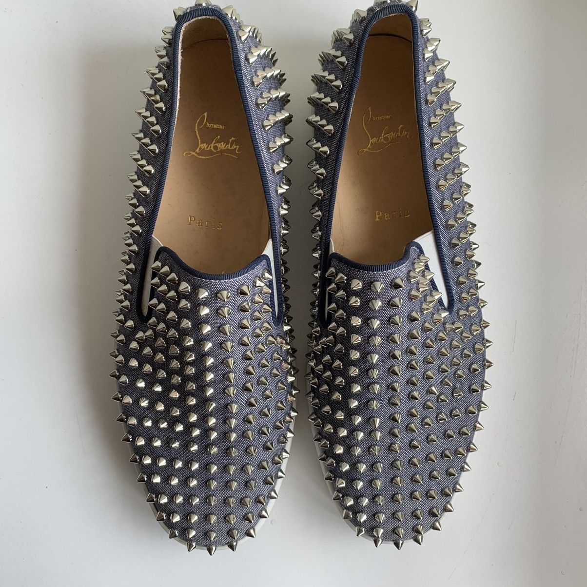 Christian Louboutin Blue Canvas Slip On with silver Studs Size US 11 / EU 44 - 4 Thumbnail