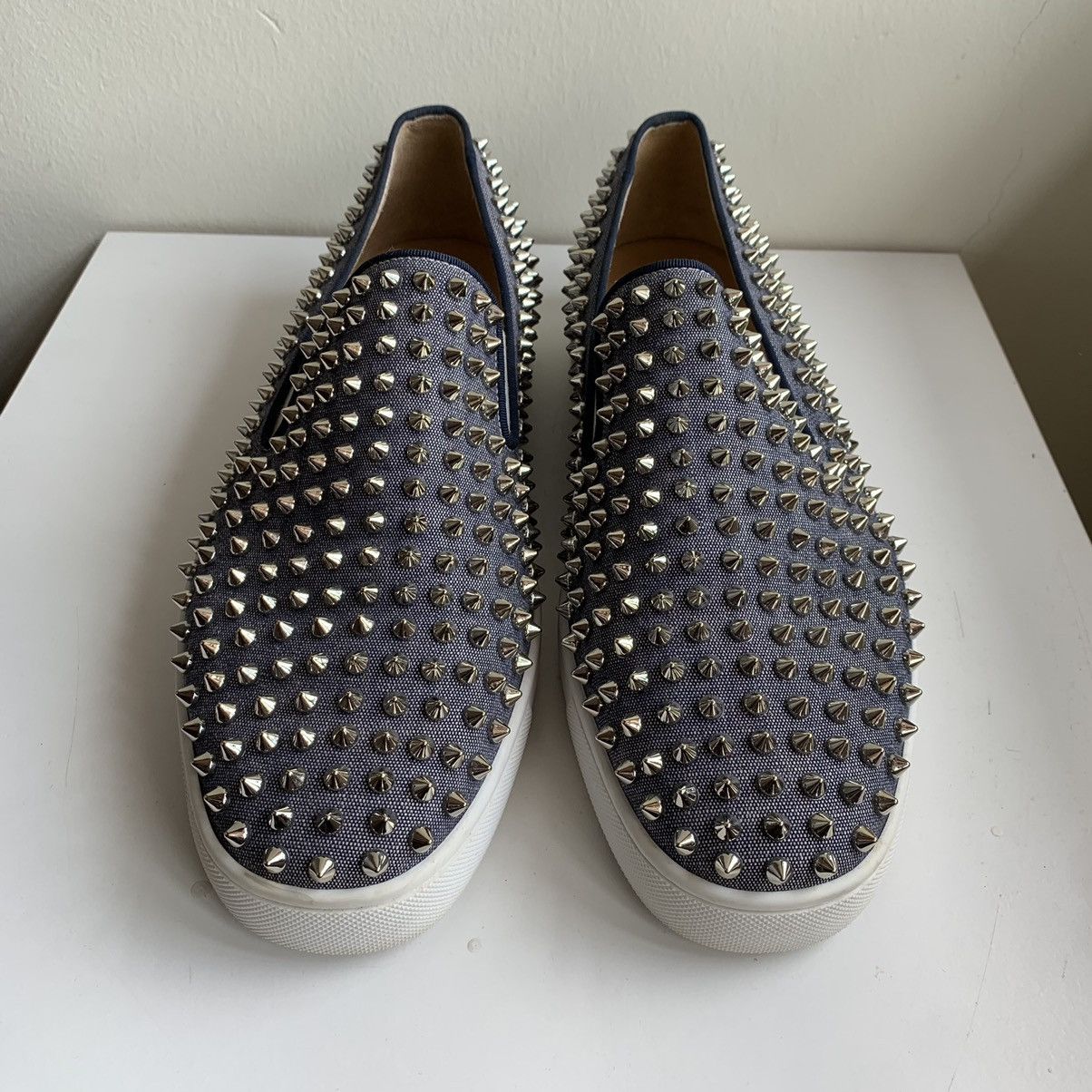 Christian Louboutin Blue Canvas Slip On with silver Studs Size US 11 / EU 44 - 2 Thumbnail