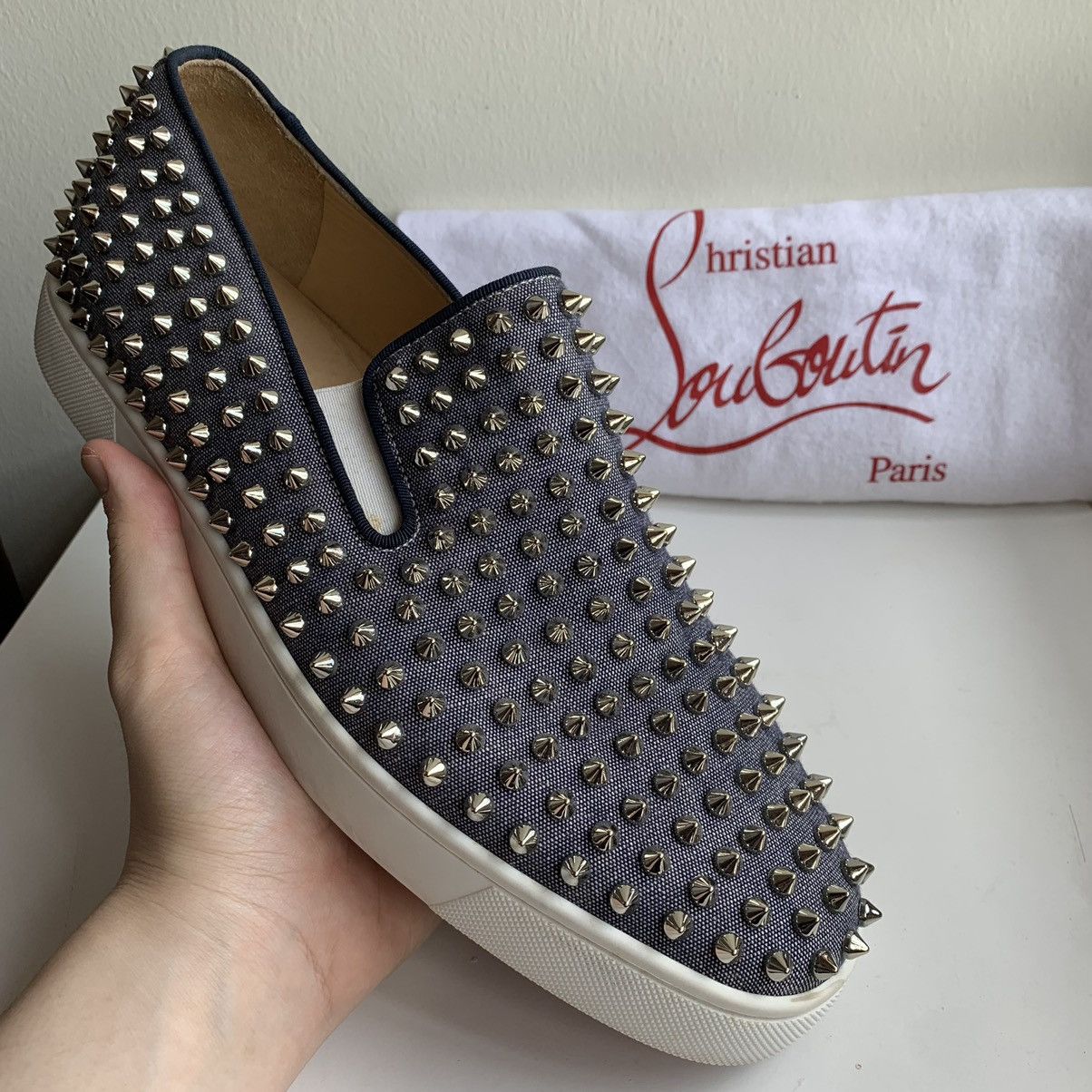 Christian Louboutin Blue Canvas Slip On with silver Studs Size US 11 / EU 44 - 1 Thumbnail
