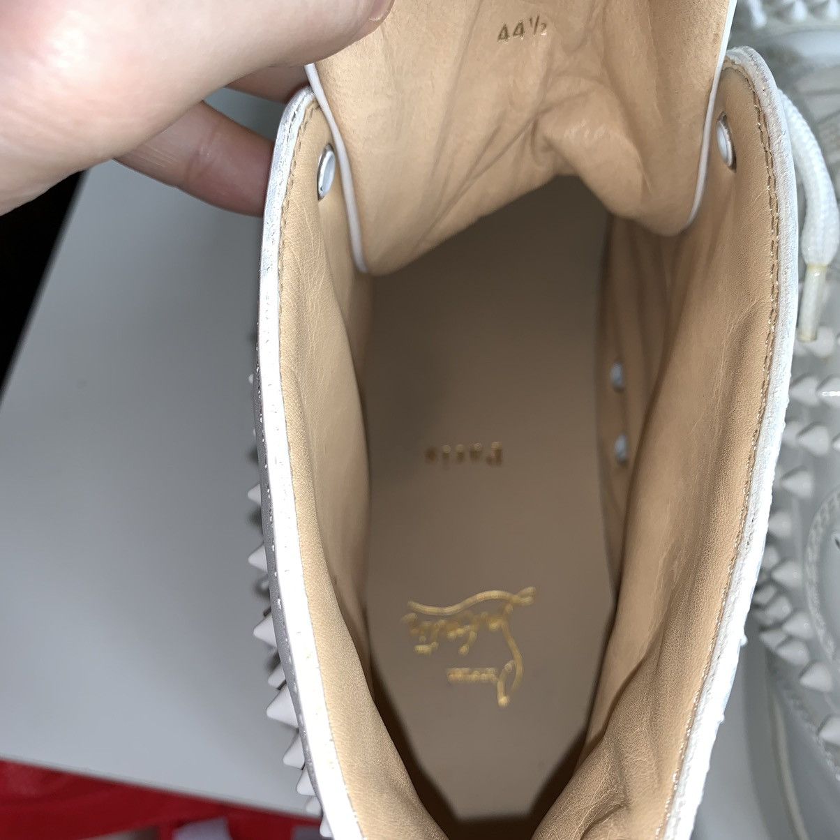Christian Louboutin High Top White Sneakers with White Studded Toe Size US 11.5 / EU 44-45 - 12 Thumbnail