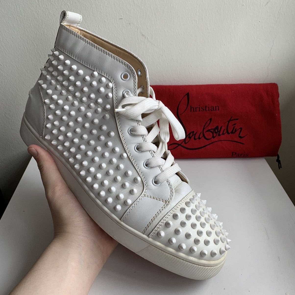 Christian Louboutin High Top White Sneakers with White Studded Toe Size US 11.5 / EU 44-45 - 1 Thumbnail