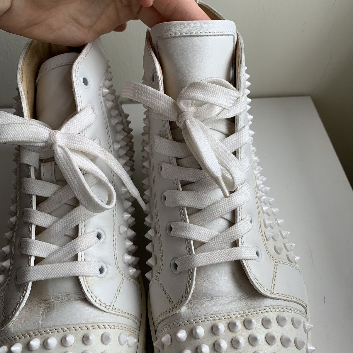 Christian Louboutin High Top White Sneakers with White Studded Toe Size US 11.5 / EU 44-45 - 7 Thumbnail