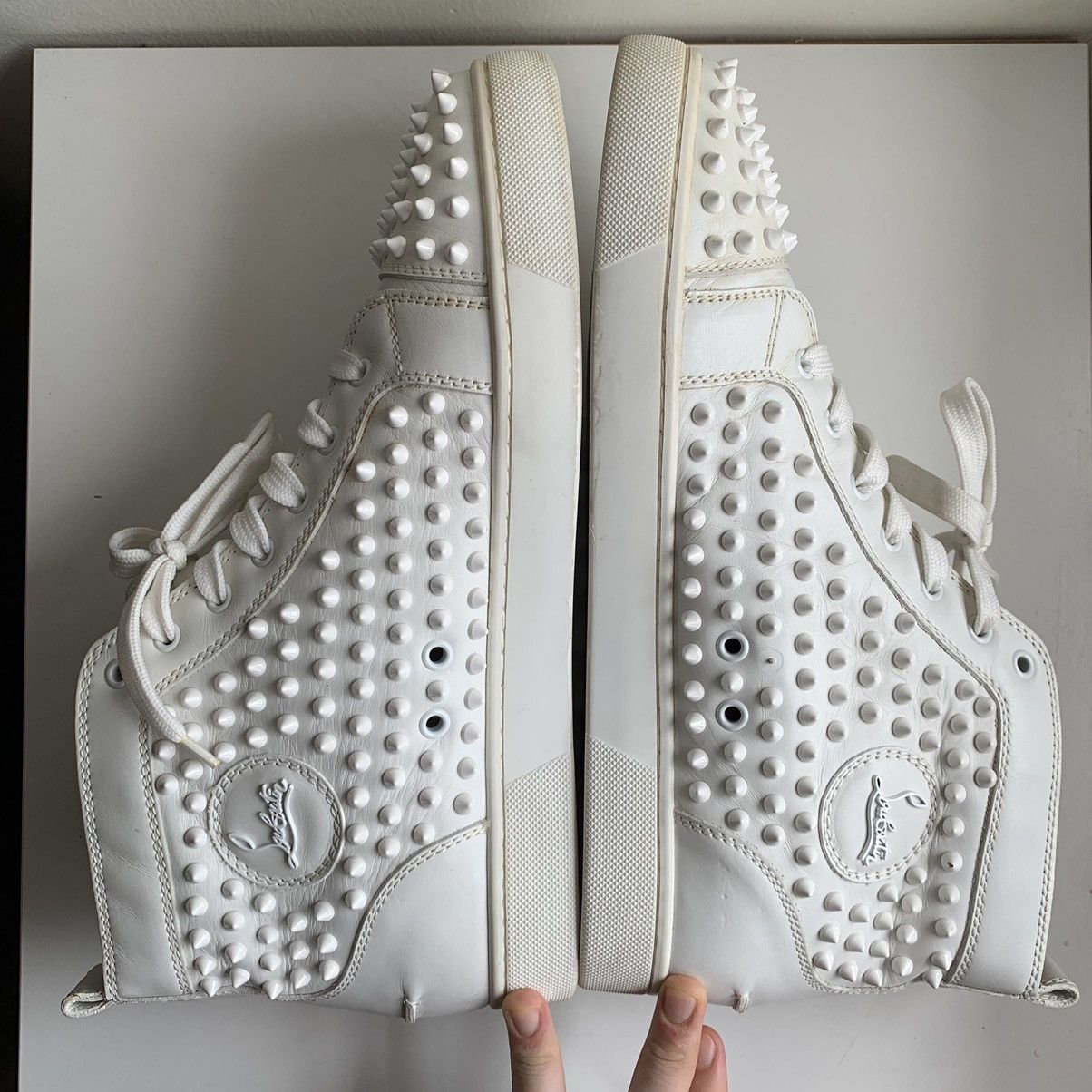 Christian Louboutin High Top White Sneakers with White Studded Toe Size US 11.5 / EU 44-45 - 3 Thumbnail