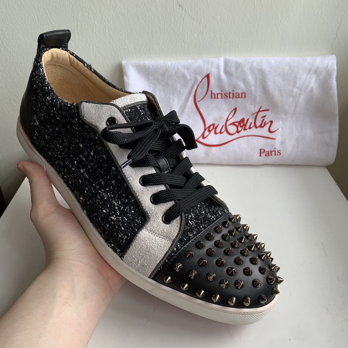 Christian Louboutin Black & White Tweed Lowtop with Toe Stud Size US 12 / EU 45 - 1 Thumbnail