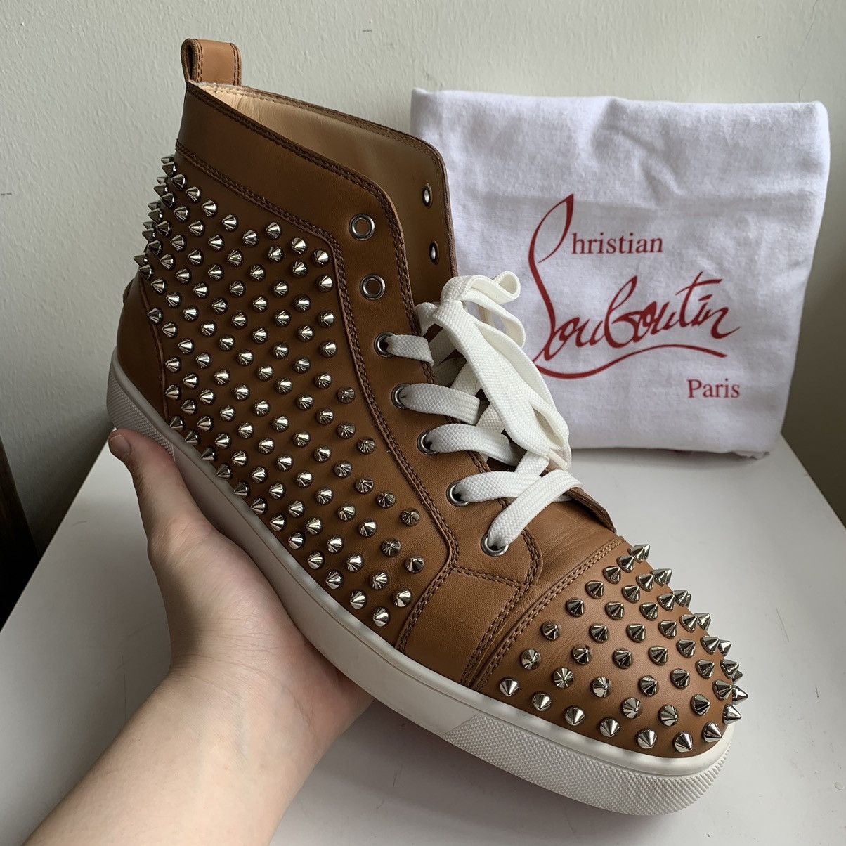 Christian Louboutin High Top Brown Sneakers with Silver Studs Size US 12 / EU 45 - 1 Thumbnail