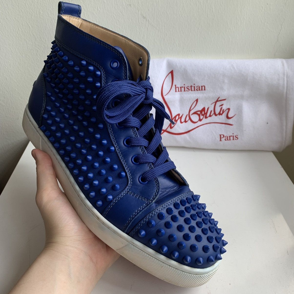 Christian Louboutin High Top Blue Sneakers with Blue Studded Toe Size US 11 / EU 44 - 1 Thumbnail