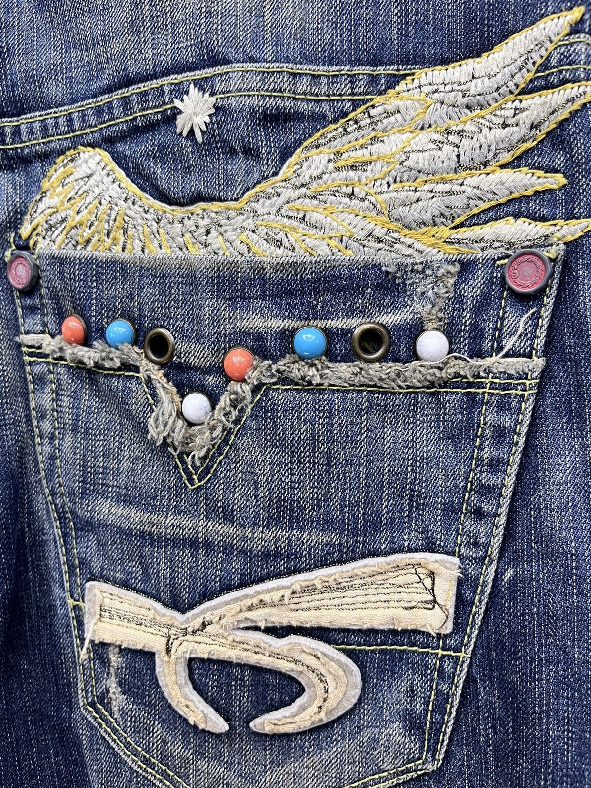 Red Clouds Collective 🔥REDPEPPER Embroidery Wings Flare Distressed Denim Size US 29 - 9 Thumbnail