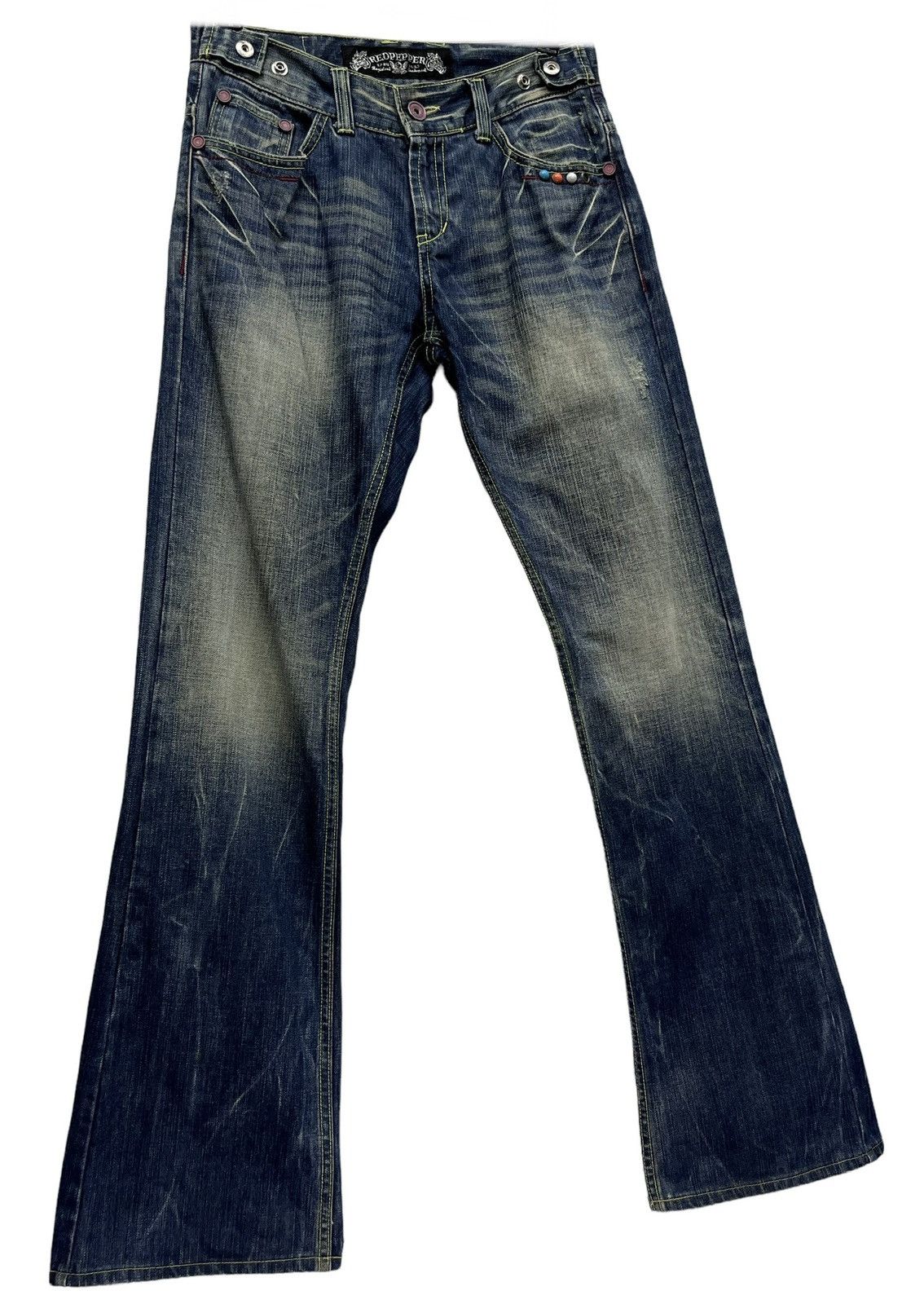 Red Clouds Collective 🔥REDPEPPER Embroidery Wings Flare Distressed Denim Size US 29 - 7 Thumbnail