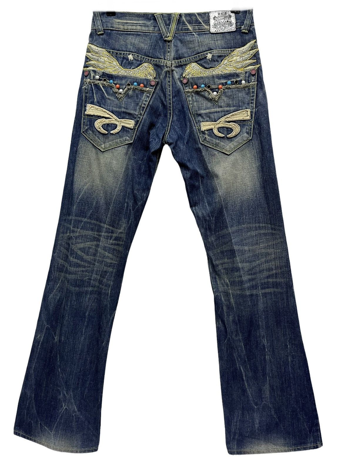Red Clouds Collective 🔥REDPEPPER Embroidery Wings Flare Distressed Denim Size US 29 - 3 Thumbnail