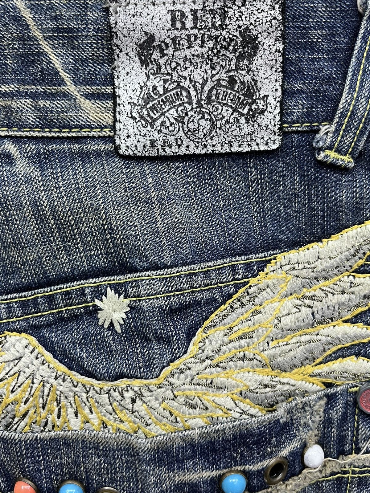 Red Clouds Collective 🔥REDPEPPER Embroidery Wings Flare Distressed Denim Size US 29 - 10 Thumbnail