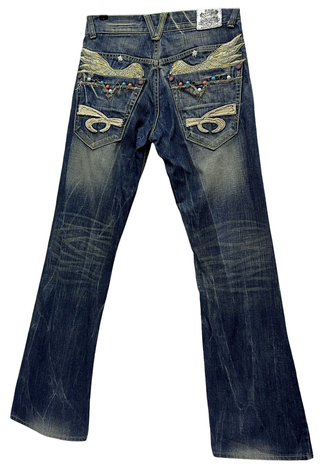 Red Clouds Collective 🔥REDPEPPER Embroidery Wings Flare Distressed Denim Size US 29 - 4 Thumbnail
