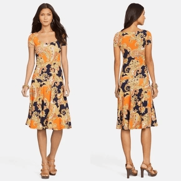 Ralph Lauren XS Orange Navy Paisley A Line Dress Drop Waist