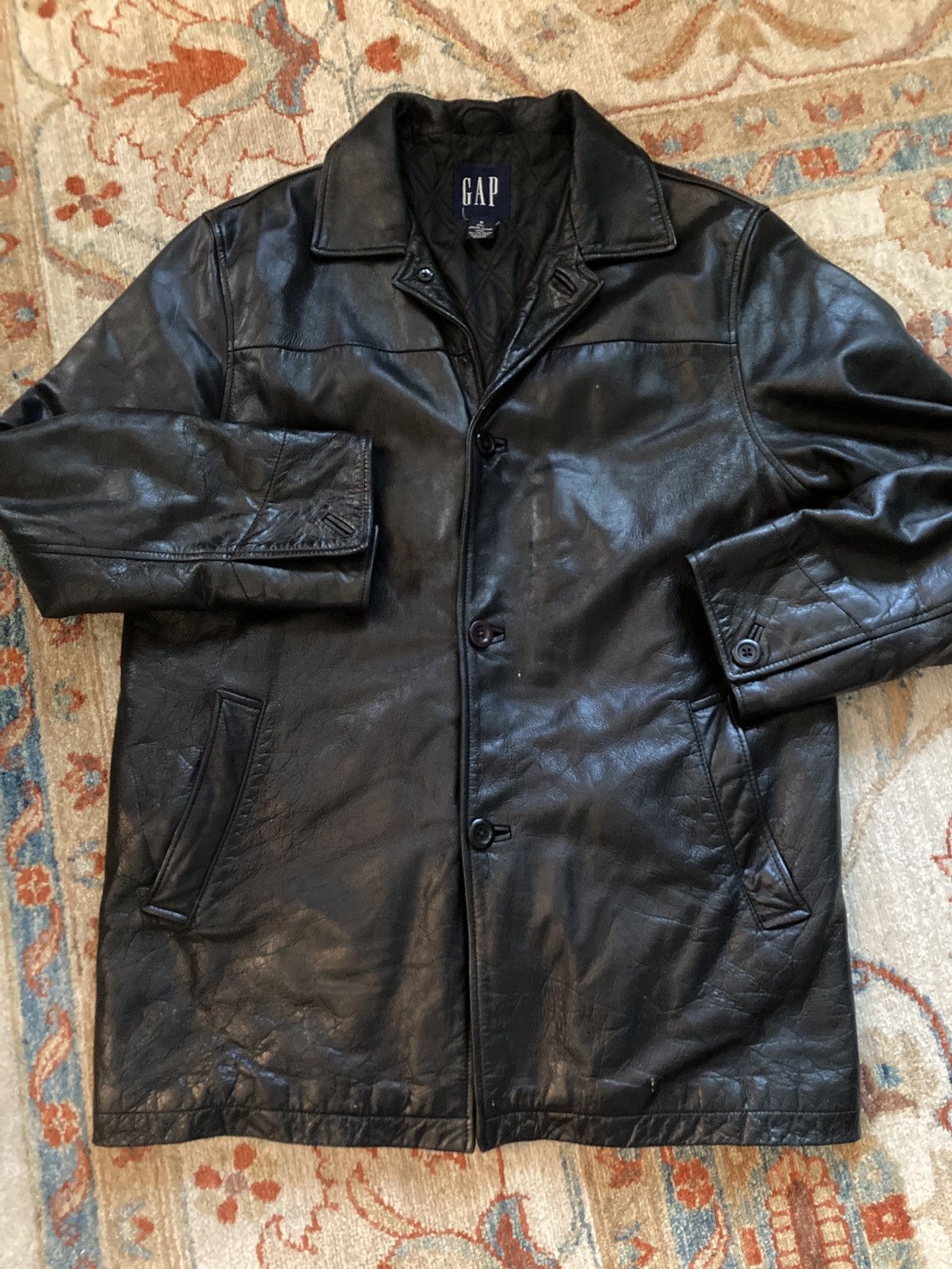 Gap × Vintage VTG 90s GAP Black Leather Coat Jacket Medium M