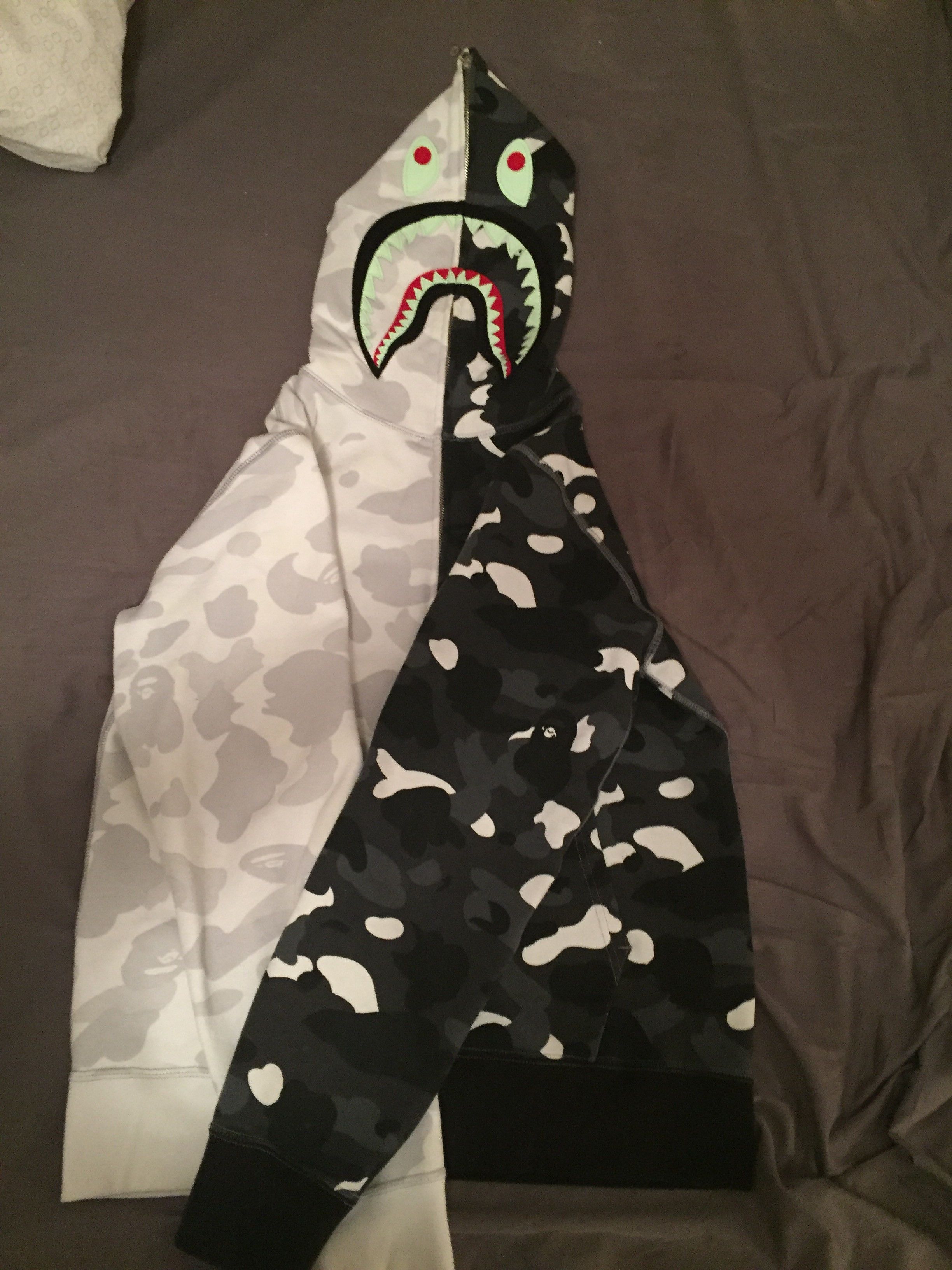 Half black half outlet white bape hoodie