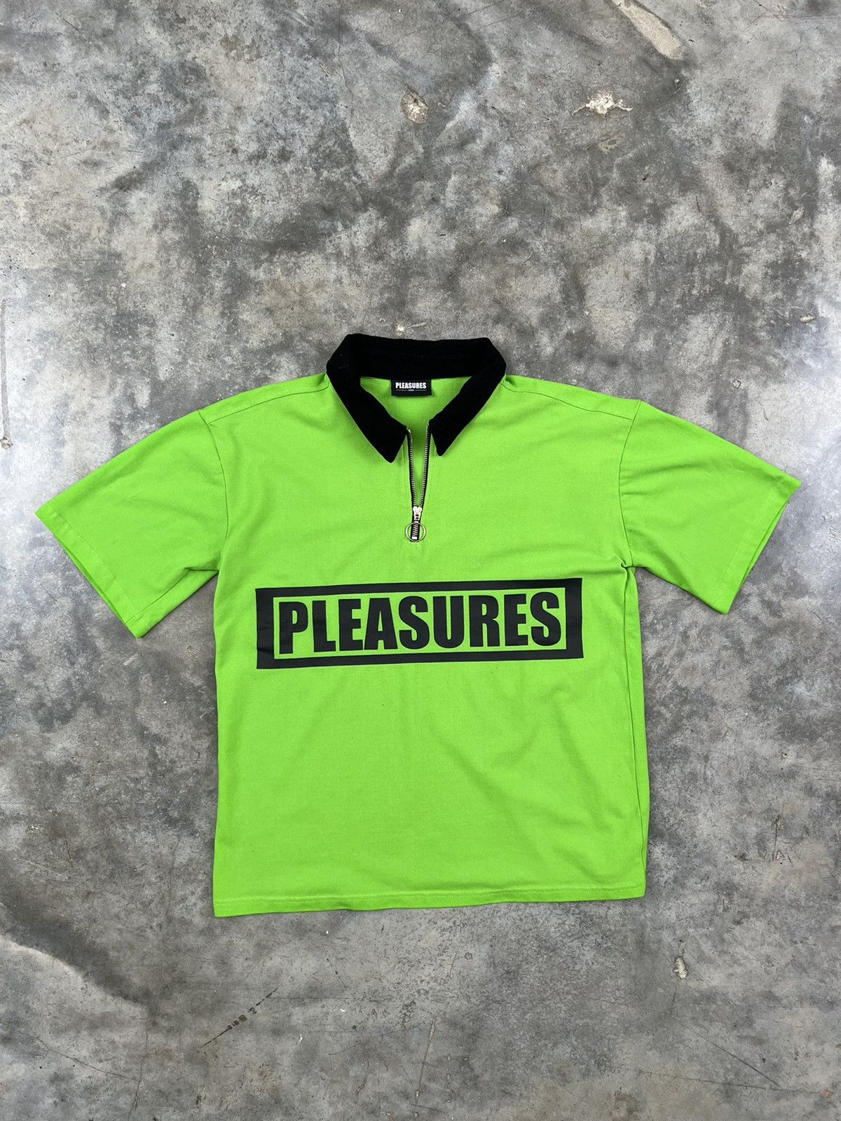 image of Pleasures Neon Green Block Logo Zip Polo Shirt Sz. Small, Men's