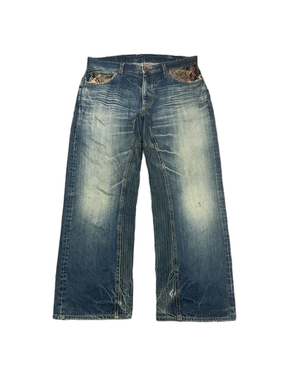 Eternal × Japanese Brand BAGGY💥 THRASHED EXTERNAL RED SALVAGE DISTRESSED DENIM PANTS Size US 35 - 1 Thumbnail