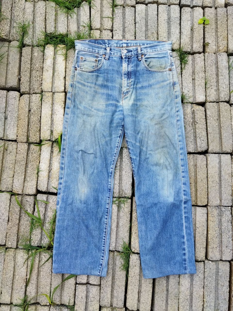 image of Distressed Denim x Levis levi's Vintage 502 Capital E Selvedge Jeans in Blue Distressed (Size 34)