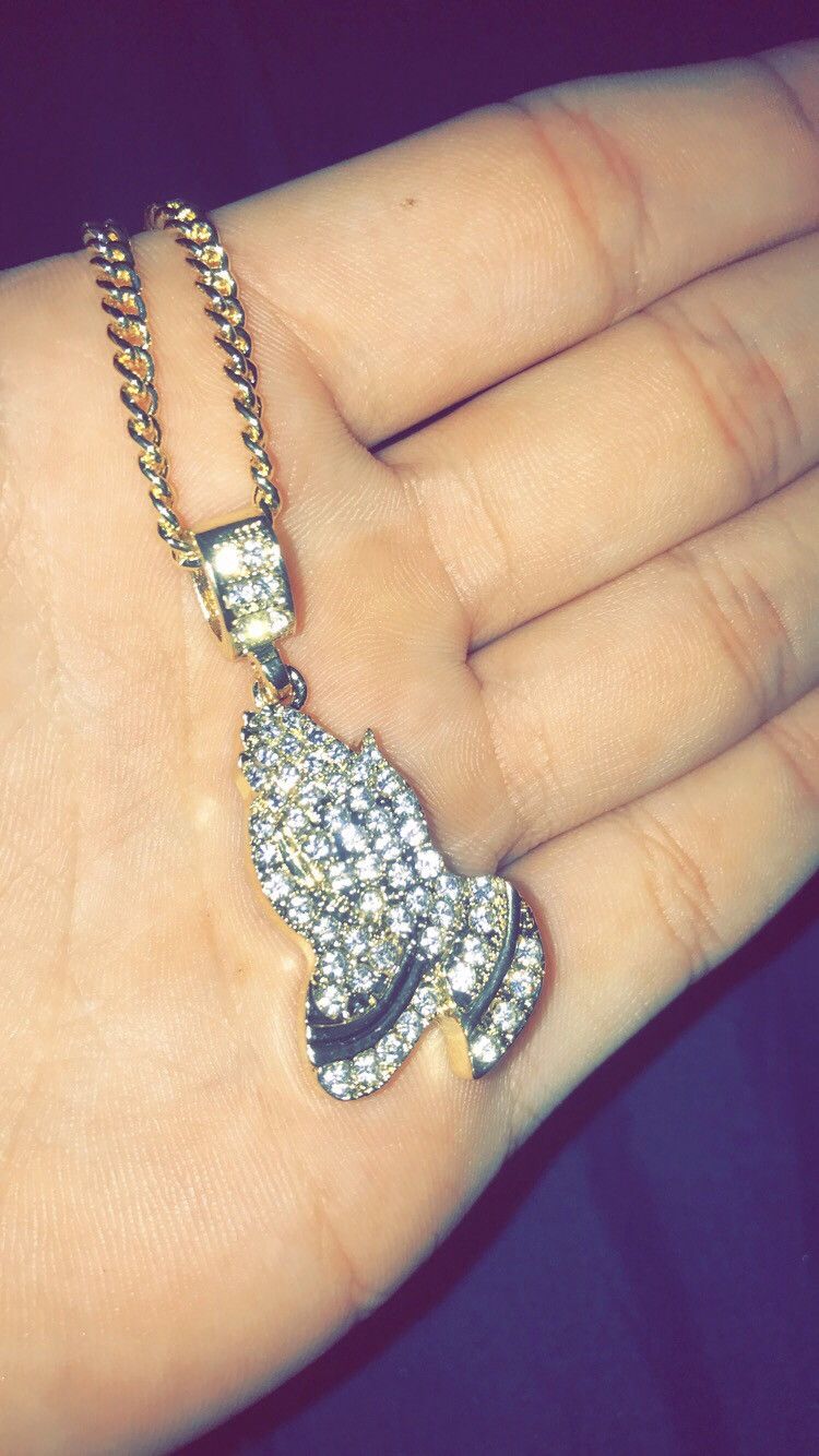 14k Gold + Diamond Praying Hands Chain (Cz VVS1)