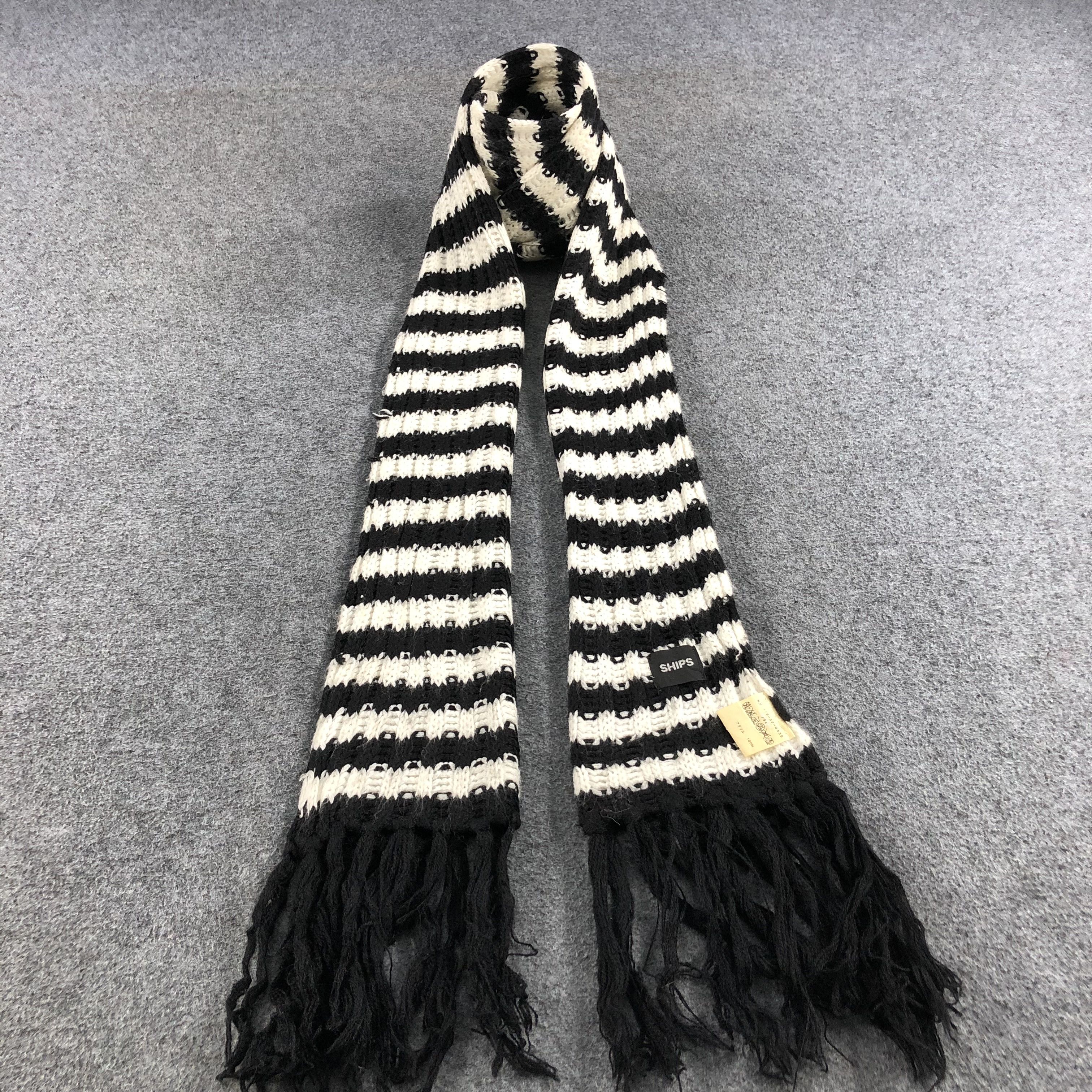 SHIPS × Vintage Ships Black and White Stripes Scarf Muffler Wool V665 Size ONE SIZE - 1 Thumbnail
