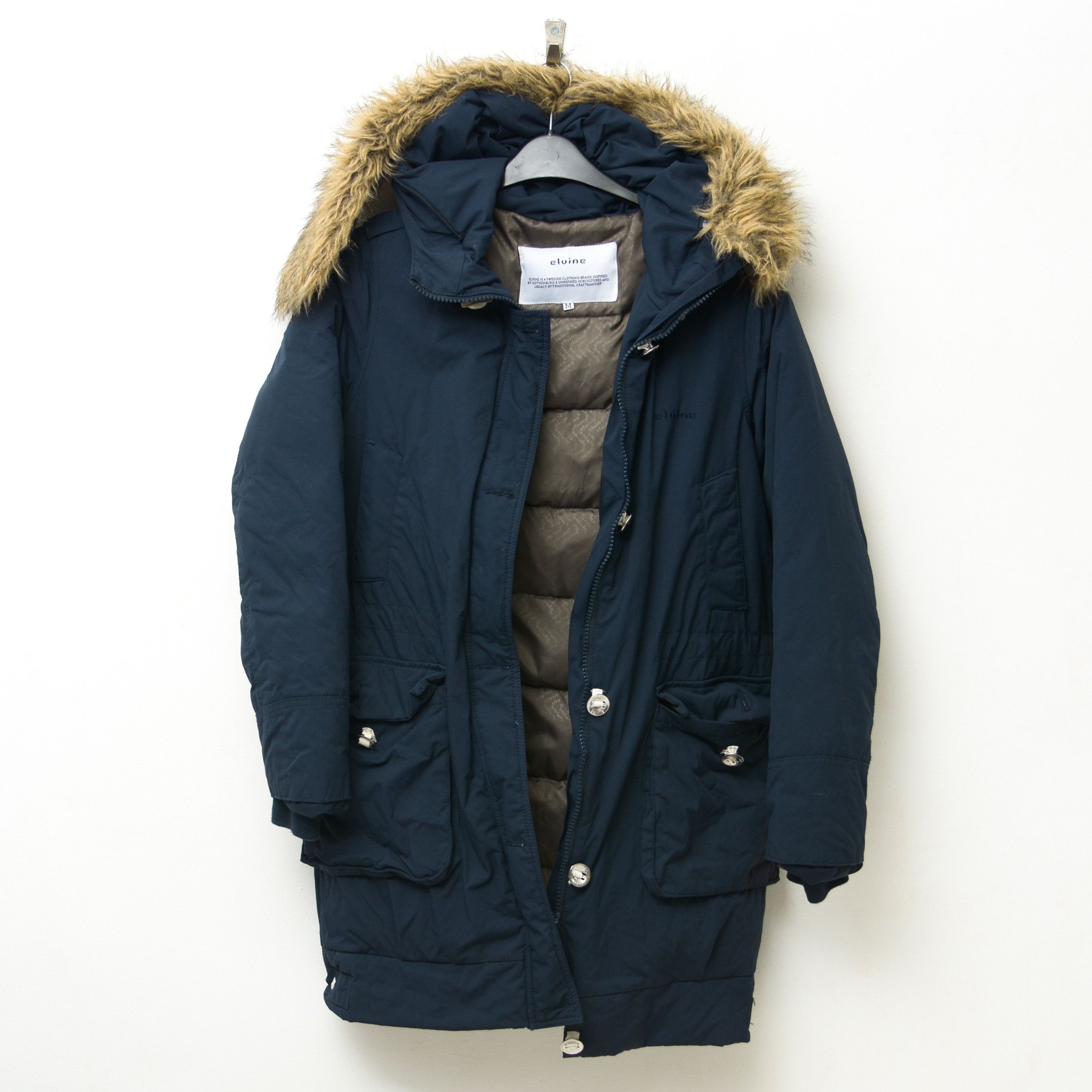 Macy Down Puffer Jacket Parka Coat Hooded Navy Blue Top Zip