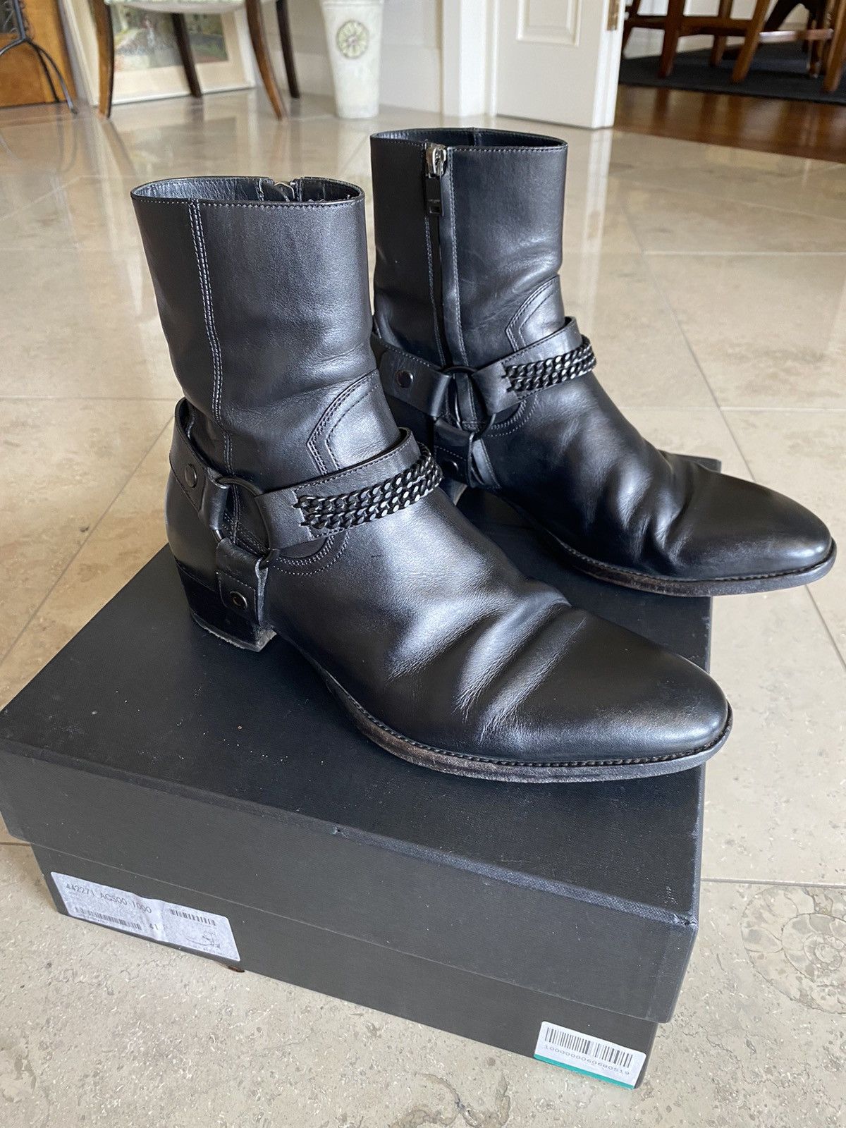 SAINT LAURENT leather Wyatt Ring Chain Harness boots 439284 black 36