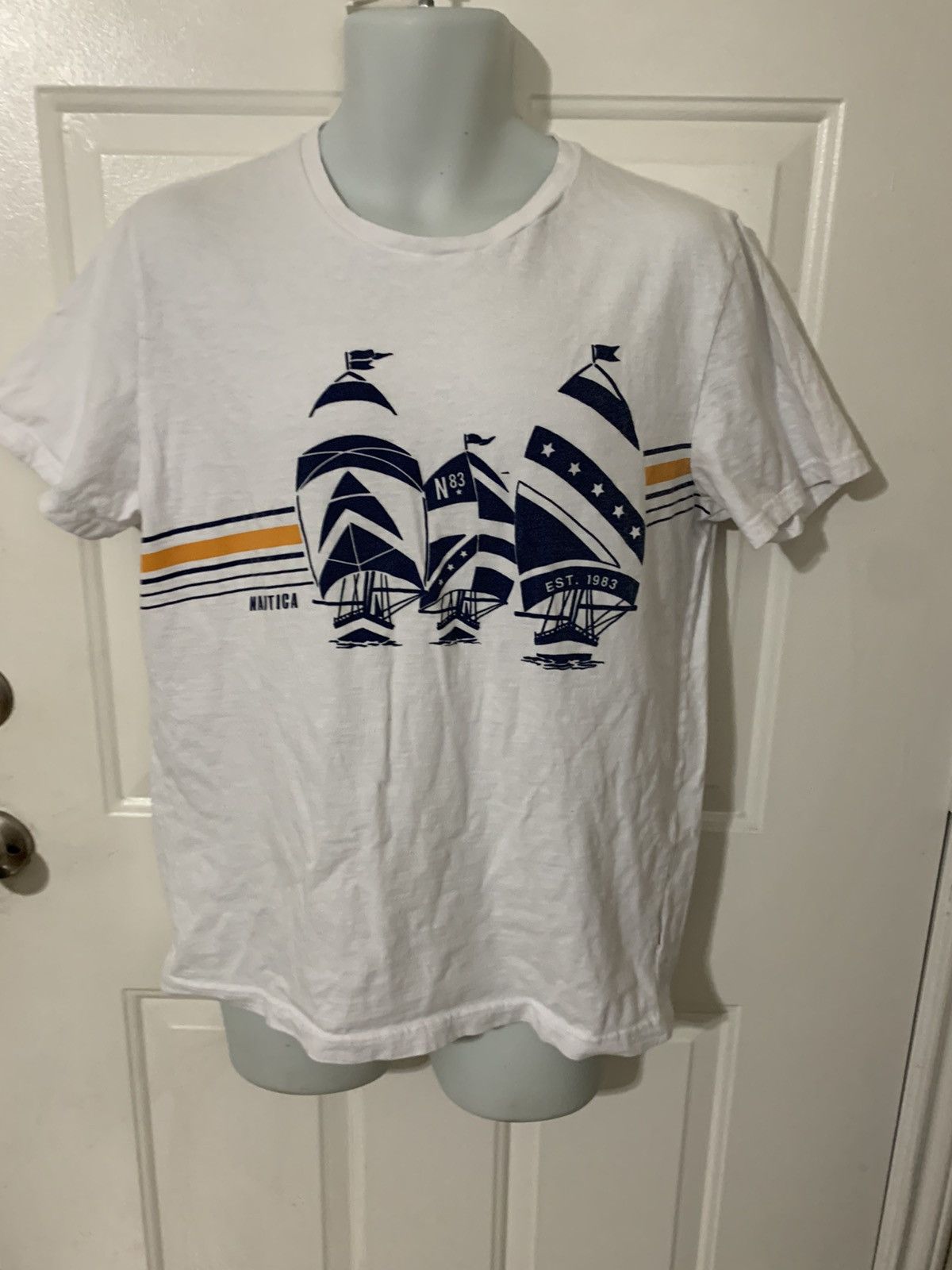 T-shirt Vintage Nautica - Bleu Marine Et Jaune - Motif "Spell Out" - Taille XL - Coton - Occasion Très Bon état