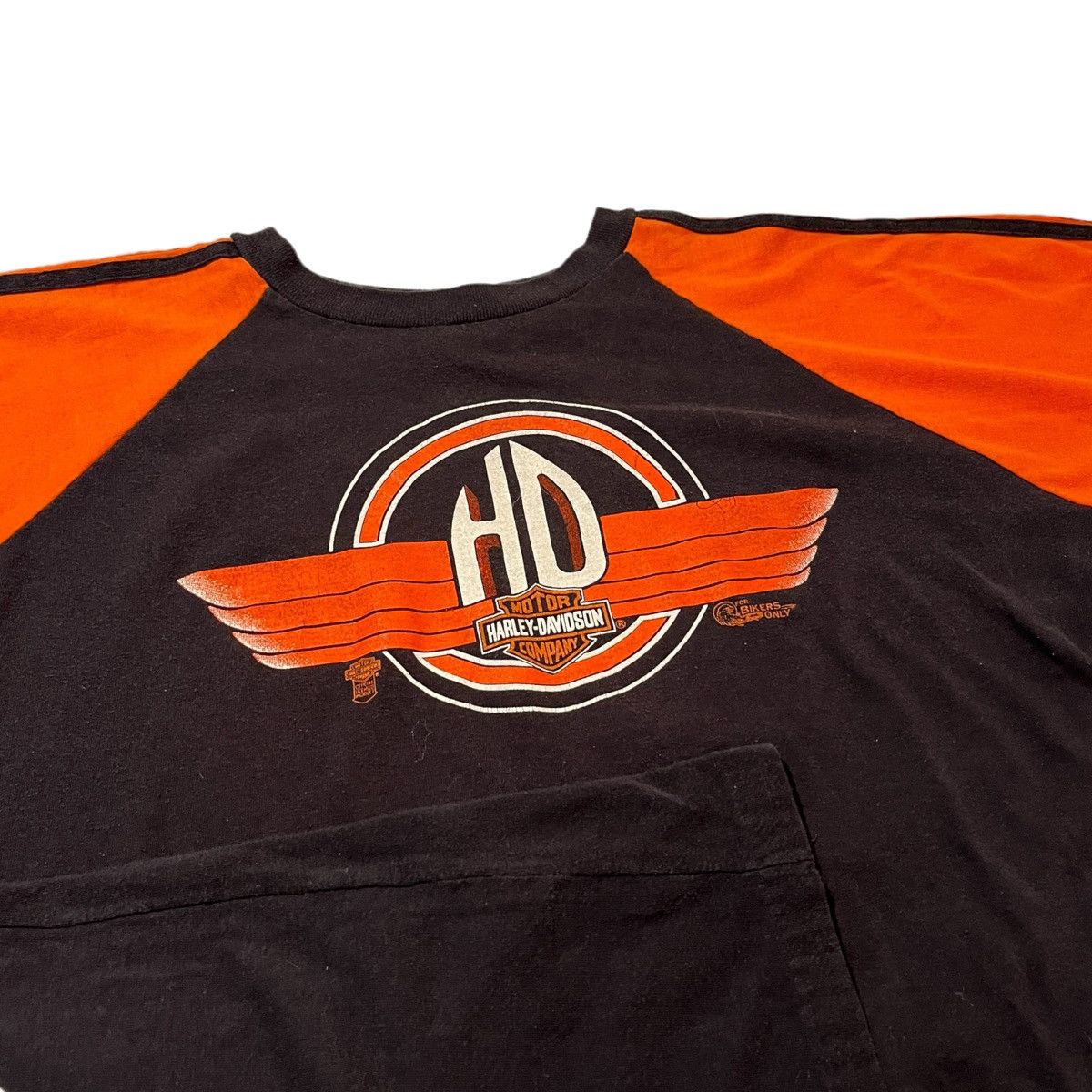 image of 70’S 80's 3D Emblem Bikers Only Hal’S Harley Davidson Tee in Orange, Men's (Size XL)