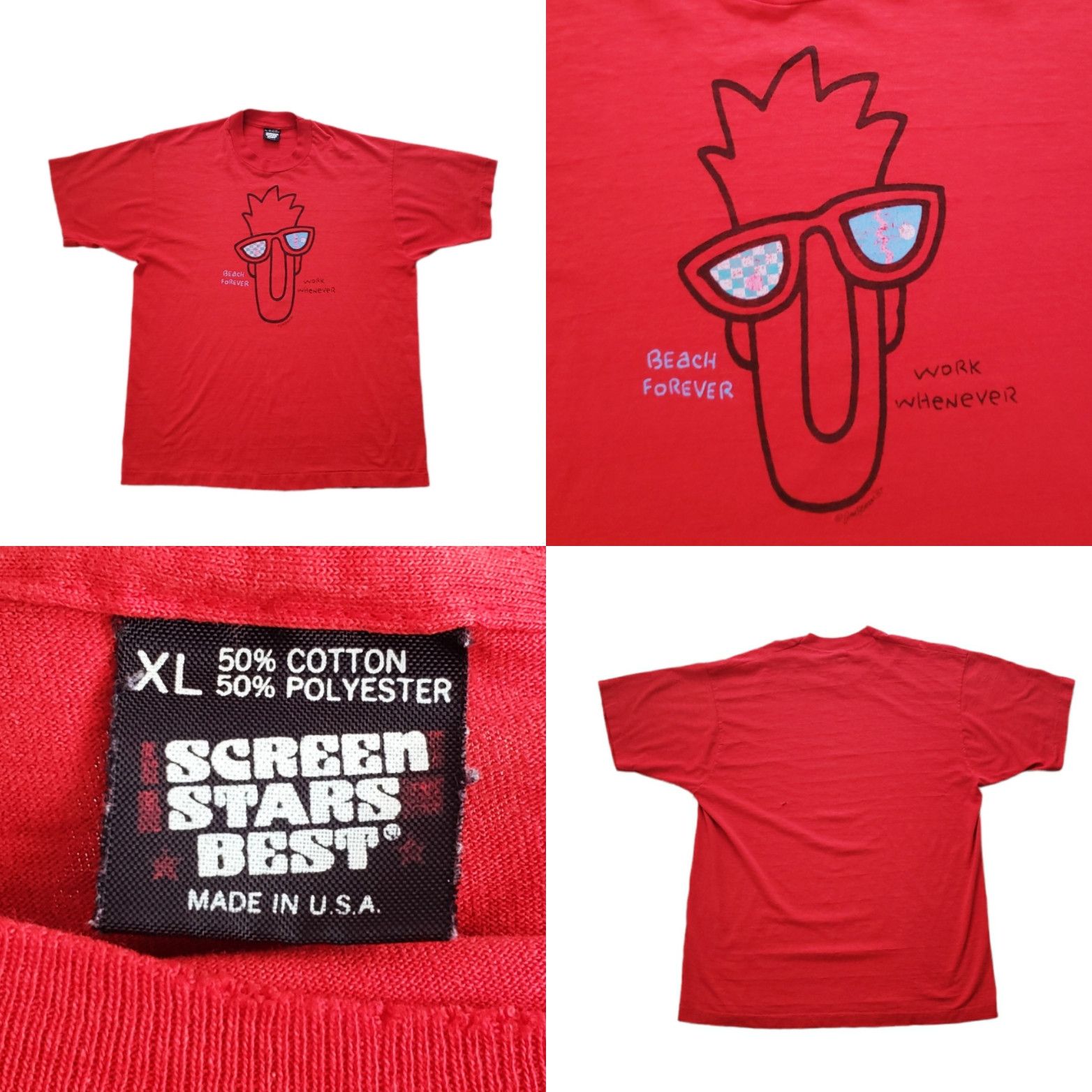 VTG 80s Screen Stars Jim Benton Beach Forever Work Whenever