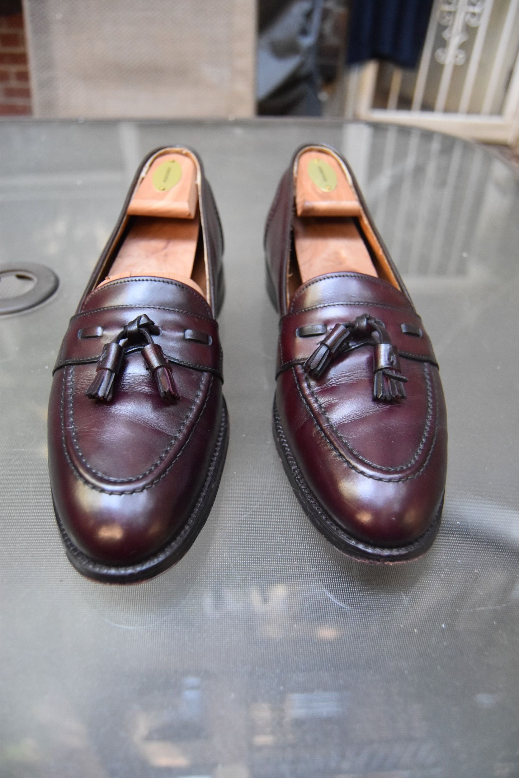 Alden burgundy full-strap tassel loafers