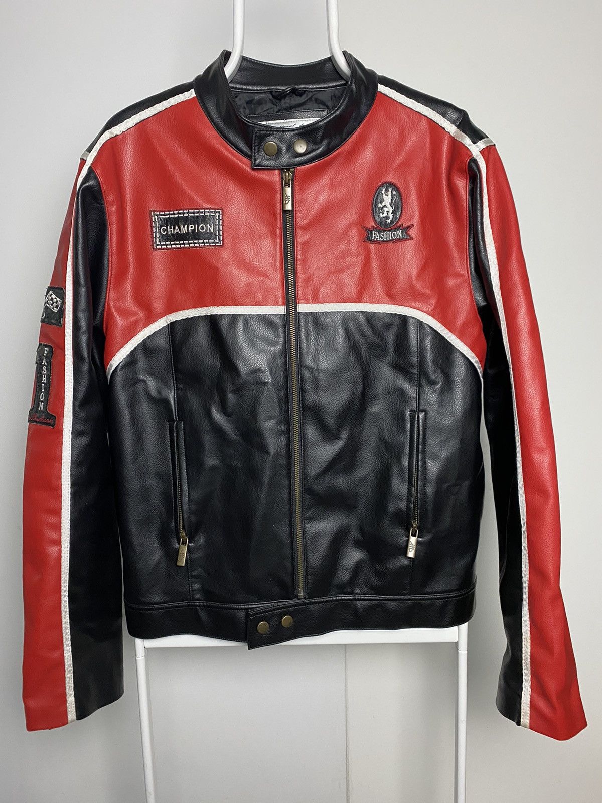 vintage racing eco leather jacket black red champion