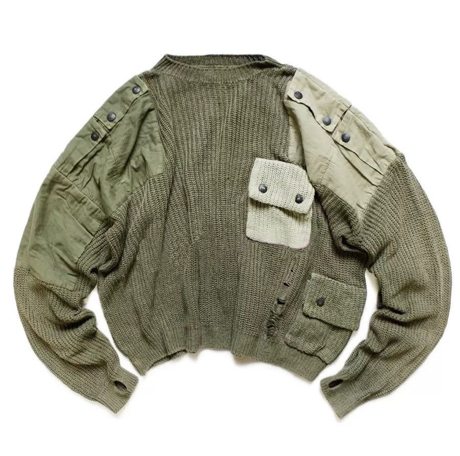 image of Kapital x Kapital Kountry 5G Cotton Linen Knit Distressed Cargo Remake Sweater in Olive Green (Size