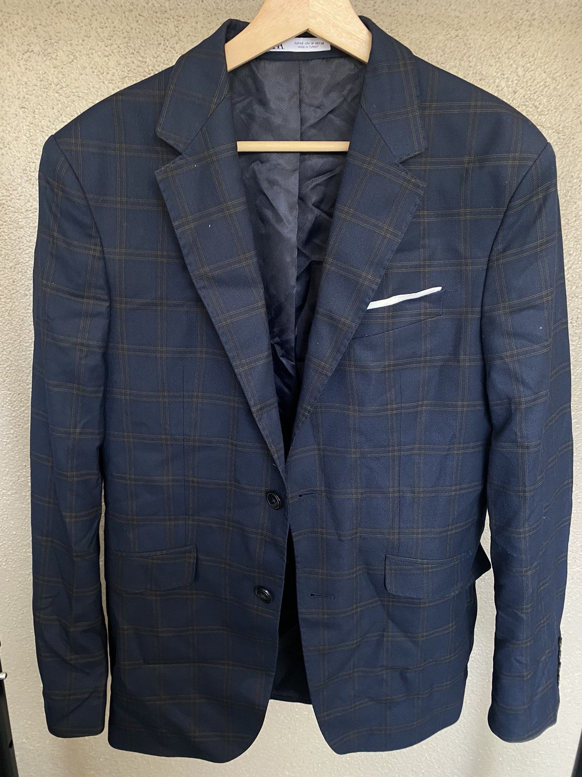 Zara Men's Plaid Suit Jacket Navy Blue Size 38 - Main Image