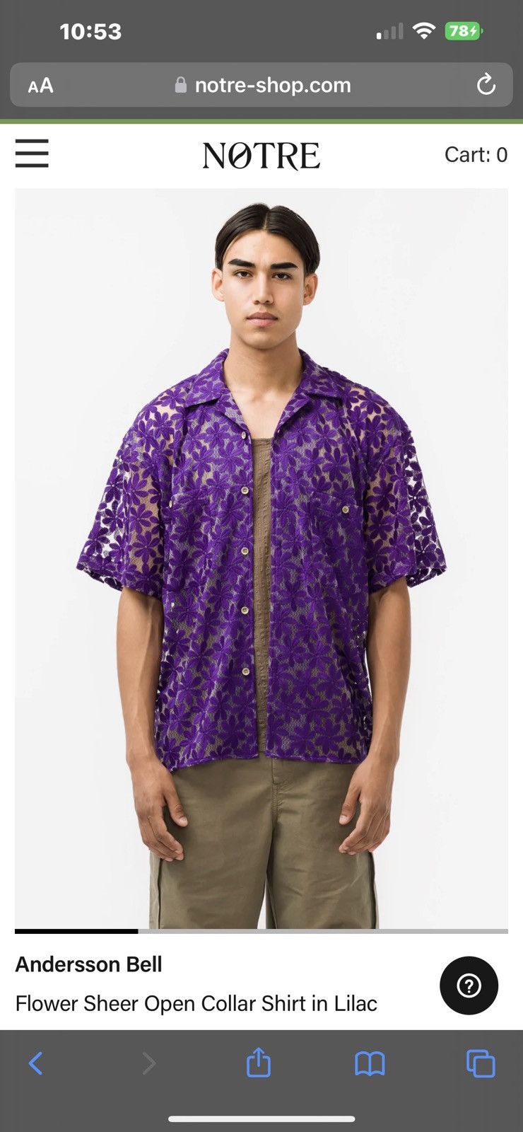 image of Andersson Bell Flower Sheer Open Collar Shirt In Lilac Med in Purple, Men's (Size Medium)