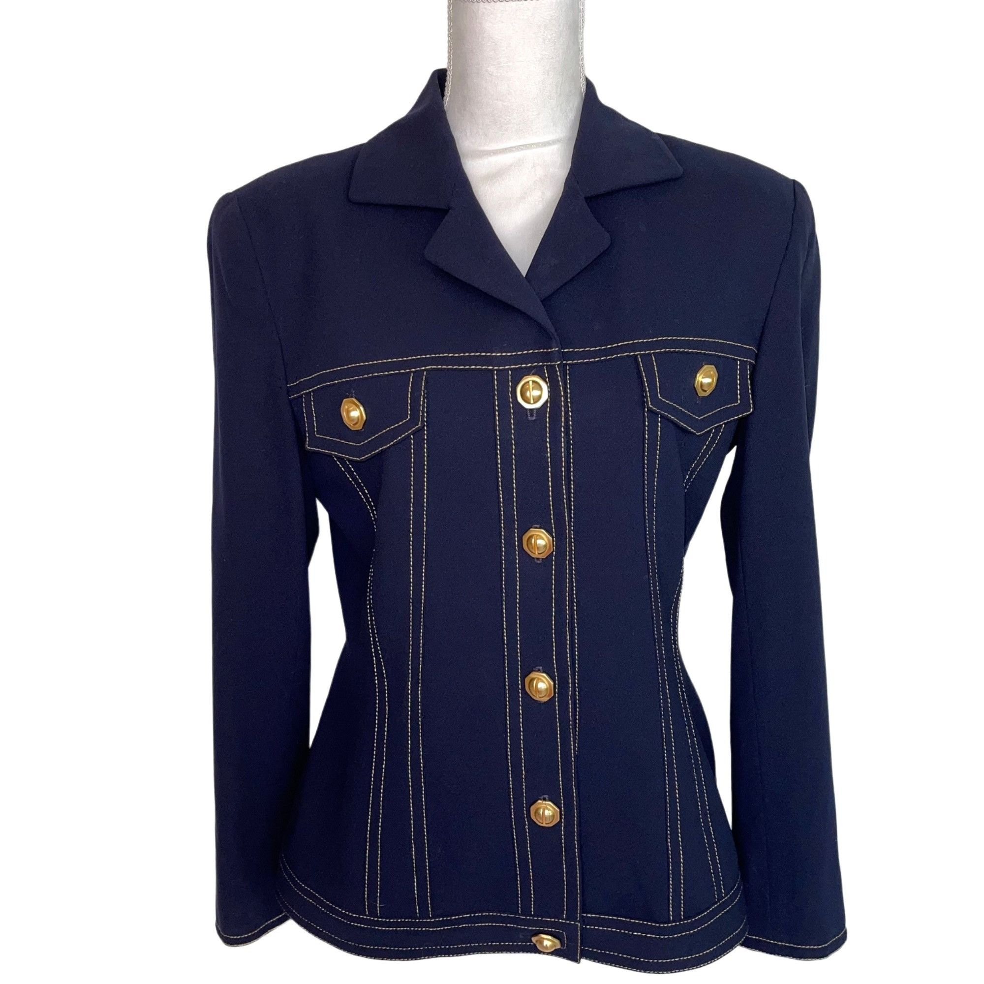 Anne Klein Womens Wool Jacket Navy Blue Size 8 Vintage Crepe