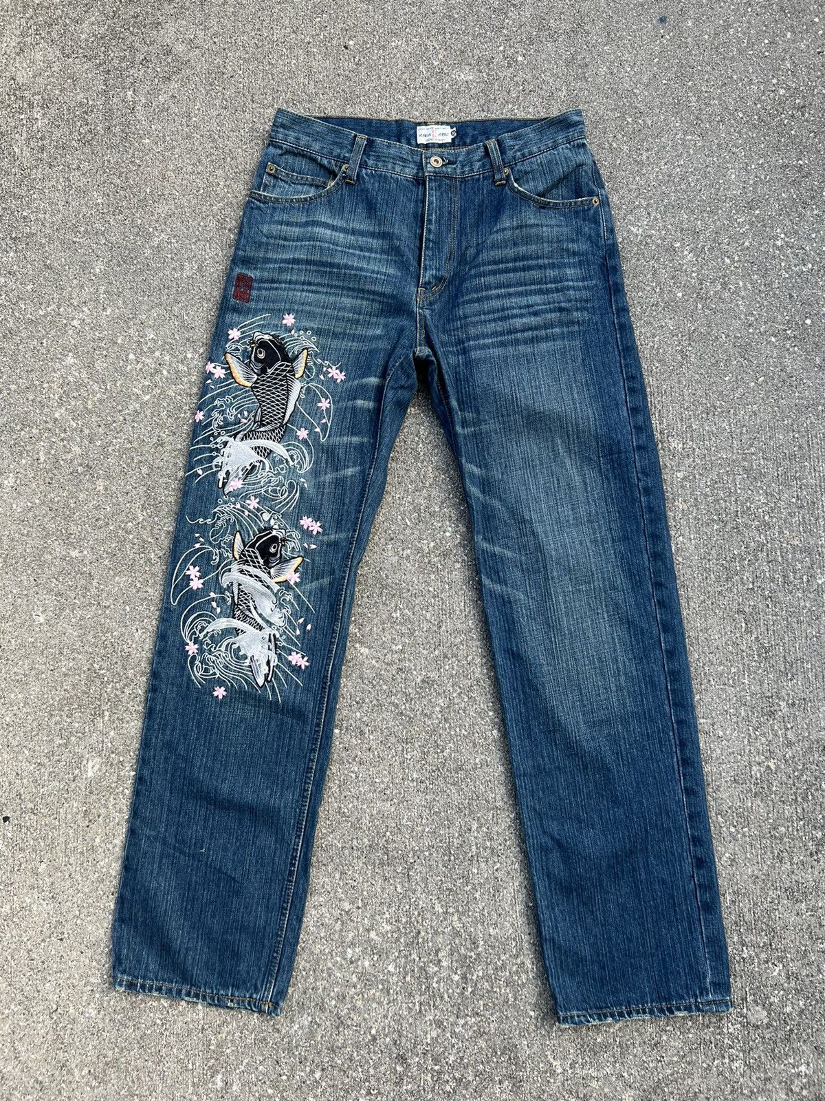 Dragonfly Karakuri Japan Koi Embroidery Denim Jeans Size US 32 / EU 48 - 1 Thumbnail