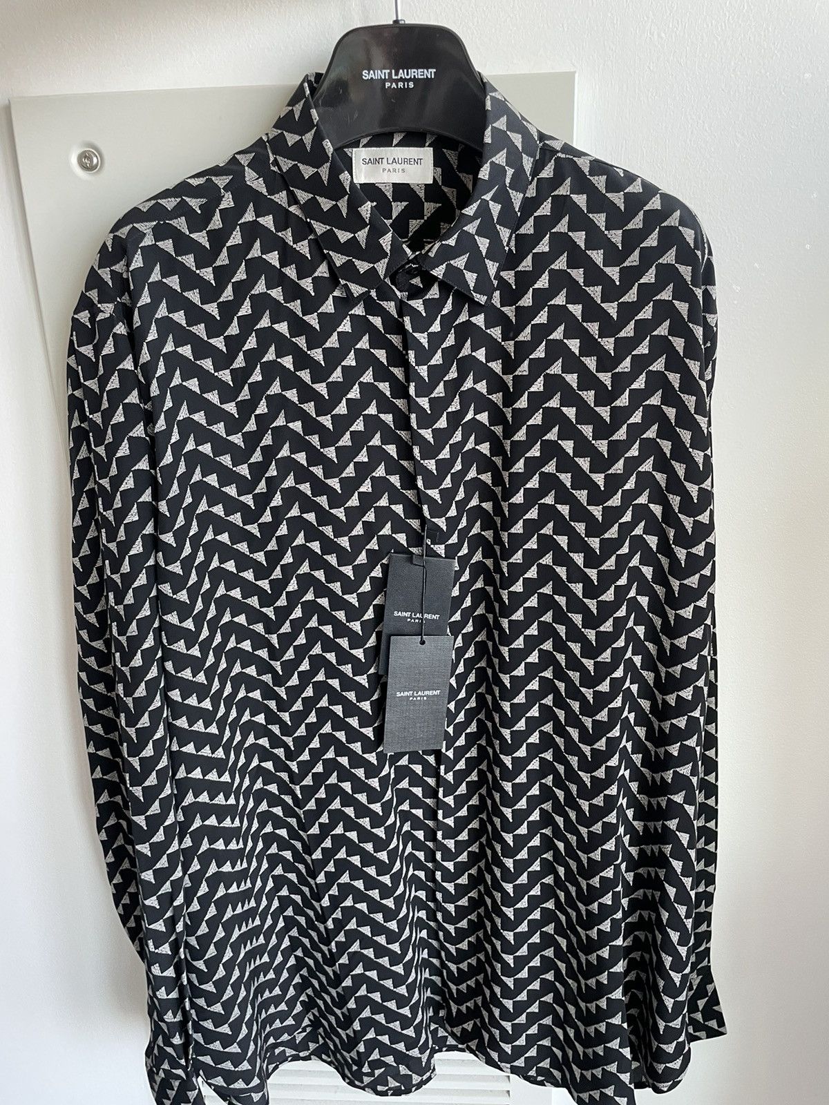 Hedi Slimane × Saint Laurent Paris × Yves Saint Laurent Saint Laurent Triangle Pure Silk Shirt Super Runway Piece Size US XL / EU 56 / 4 - 1 Thumbnail
