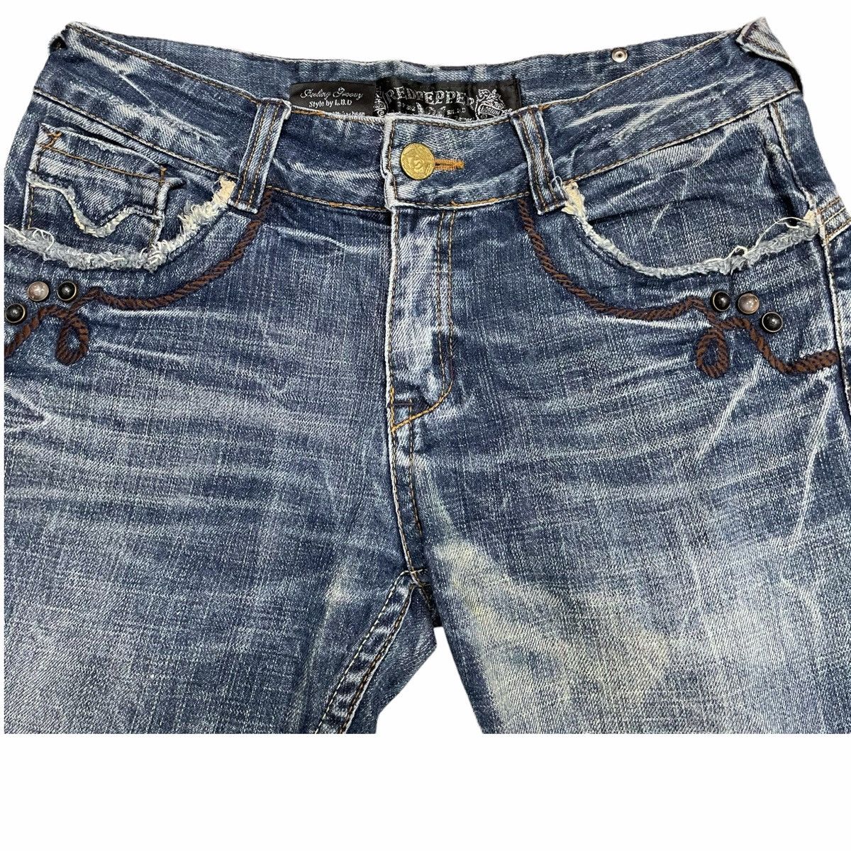 If Six Was Nine × Japanese Brand × Le Grande Bleu (L.G.B.) FLARE 💥 Japan RED PAPPER Distressed Denim Jeans Size US 33 - 6 Thumbnail