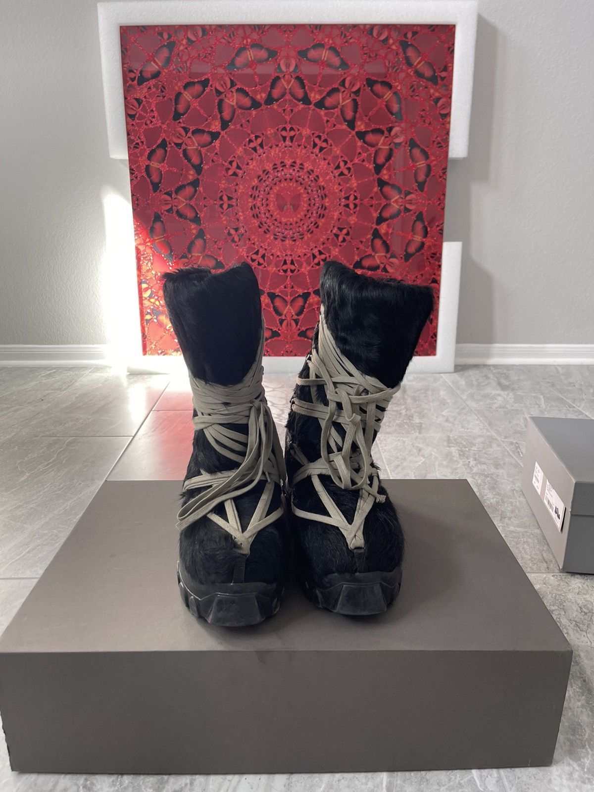 Rick Owens *LAST DROP* Megalace Lunar Boots Black Polished Pony Fur