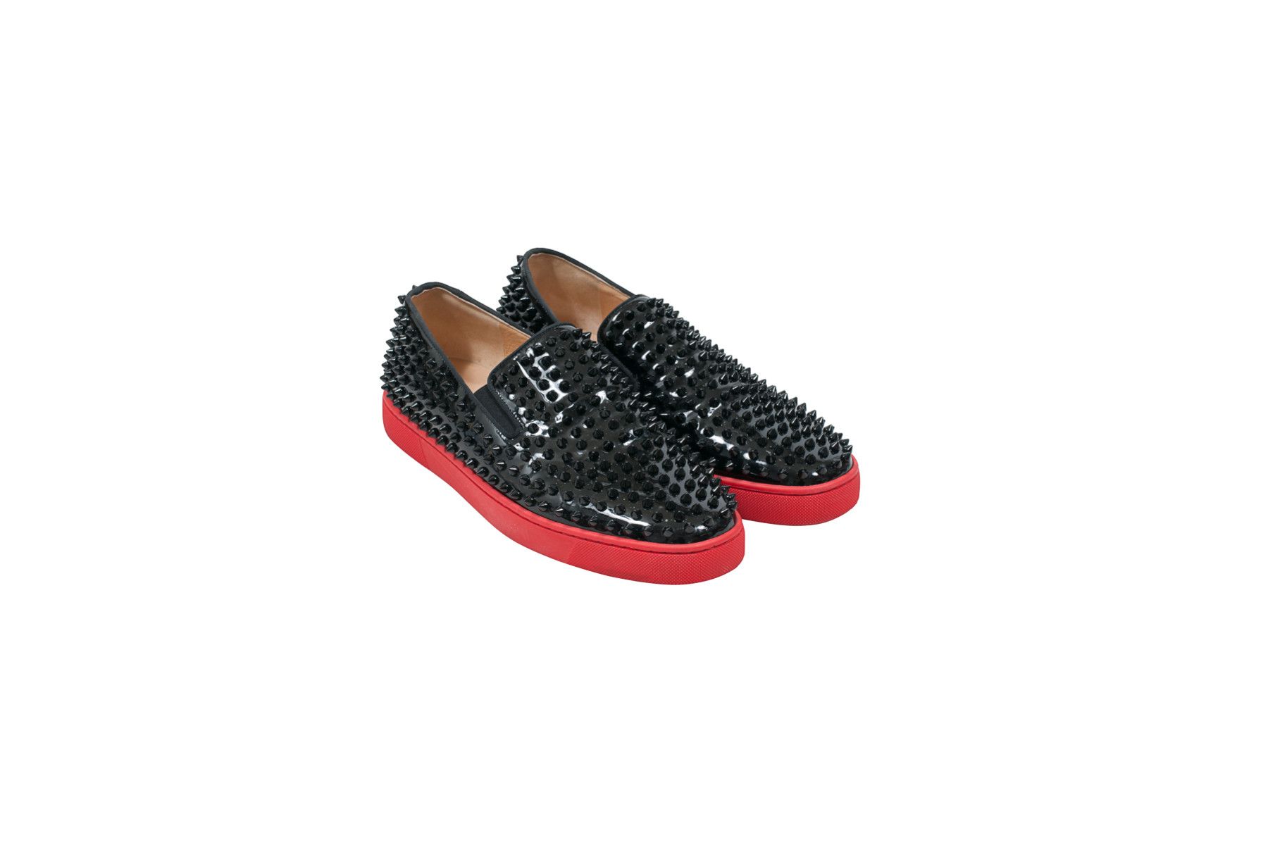 Black Patent Leather Roller Boat Spike Slip On Flats