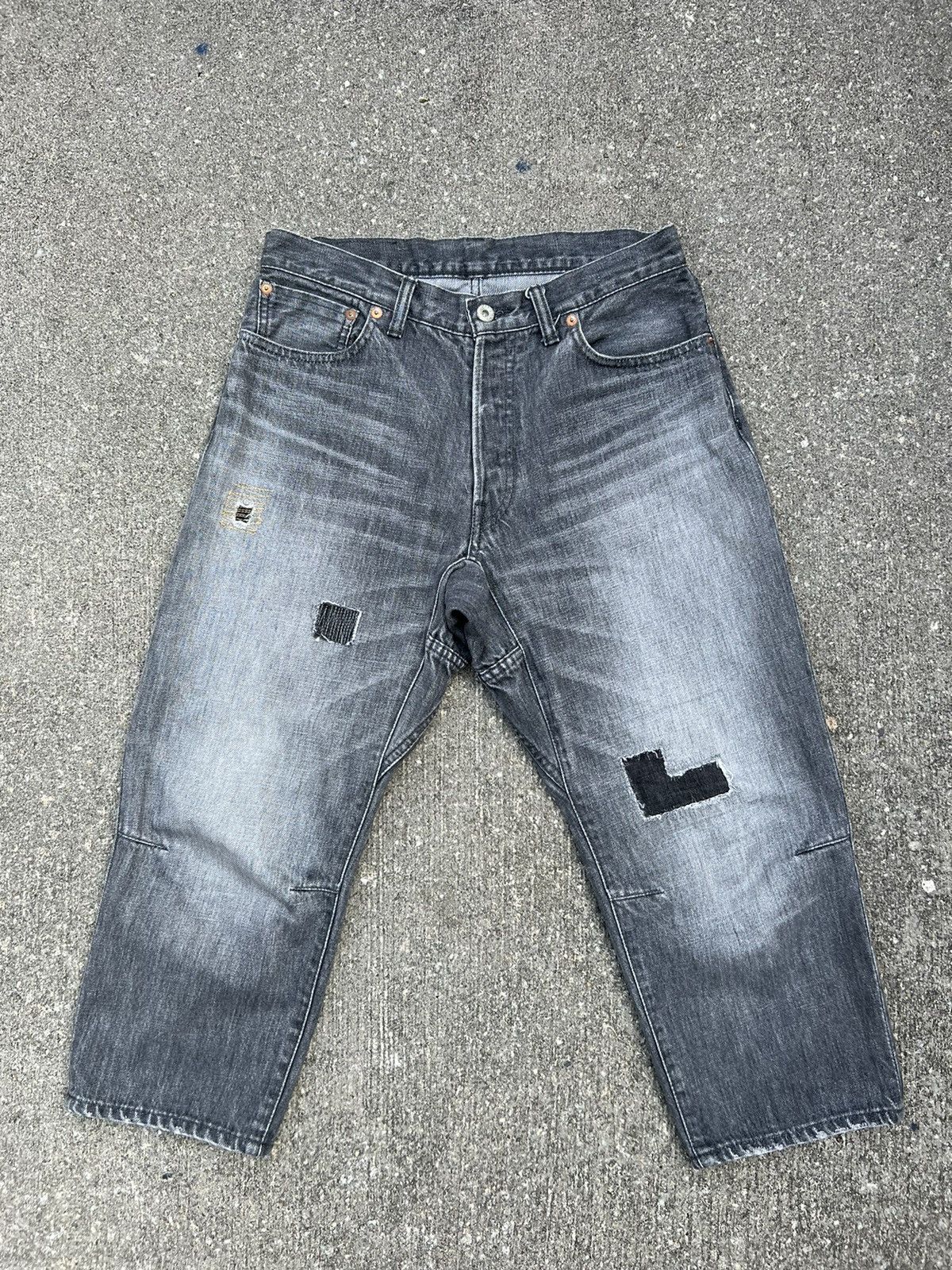 Sanca Japan Distressed Patchwork Fade Denim Cropped Jeans